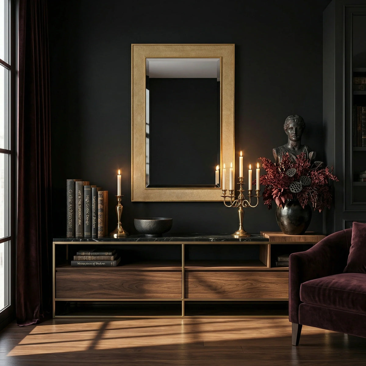 Ambella Home Collins mirror with clear beveled glass, faux crocodile skin frame and brass edge, styled above a walnut credenza in a dark academia living room.