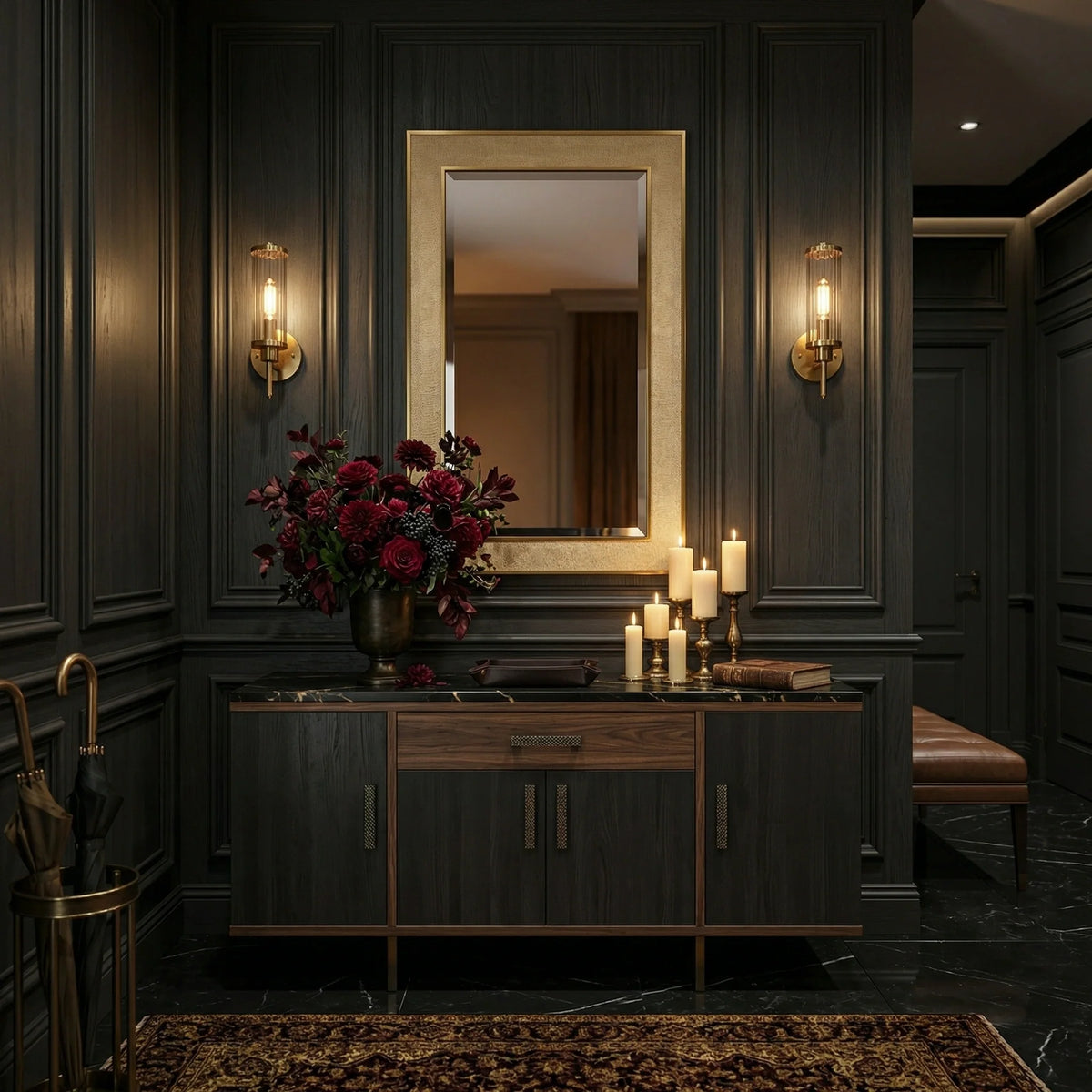 Collins mirror by Ambella Home featuring a clear beveled mirror, faux crocodile skin frame outlined in brass, mounted vertically above a console in a moody entryway.