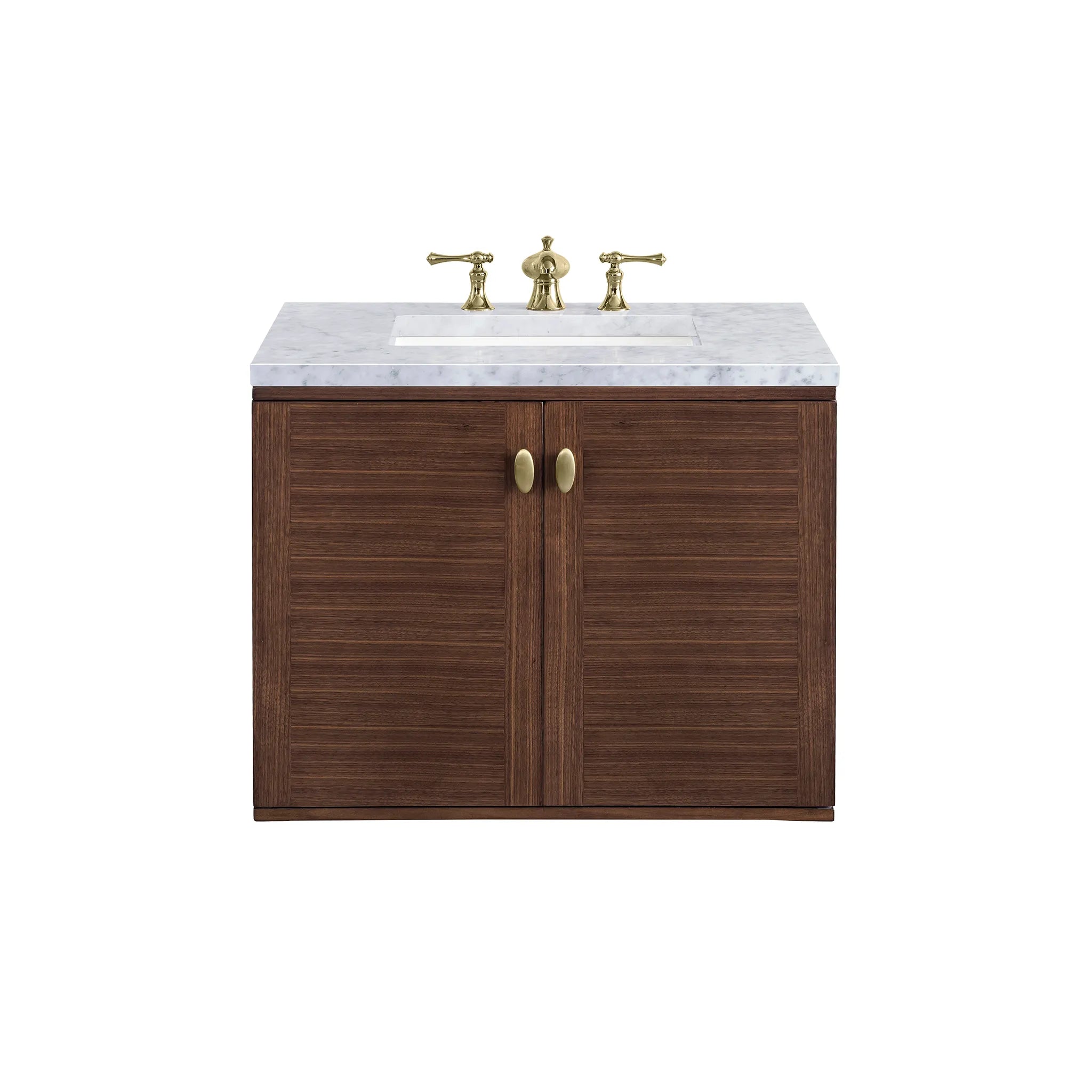30" Amberly Single Vanity in Mid-Century Walnut-Carrara White Marble-8" Widespread image 1