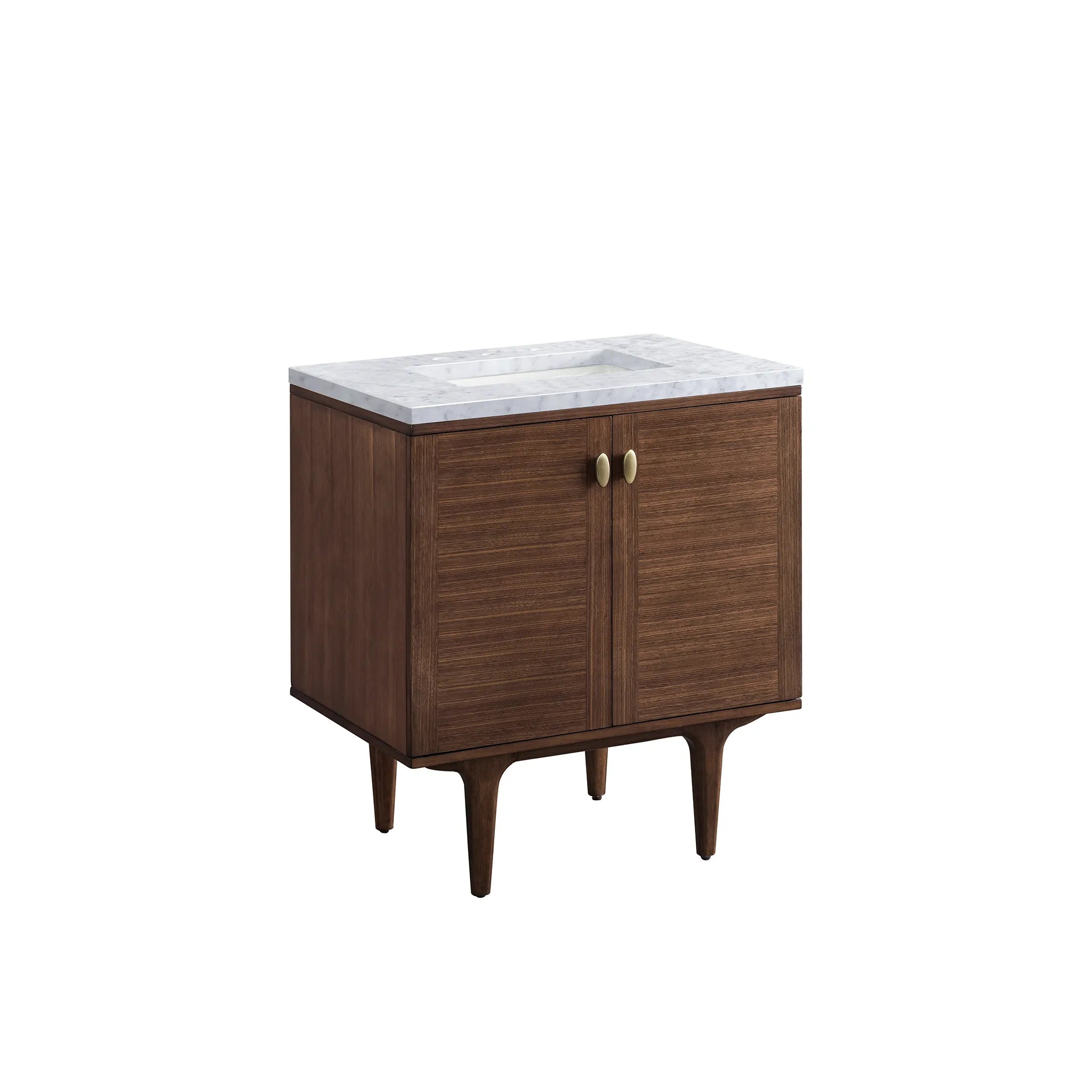 30" Amberly Single Vanity in Mid-Century Walnut-Carrara White Marble-8" Widespread image 10