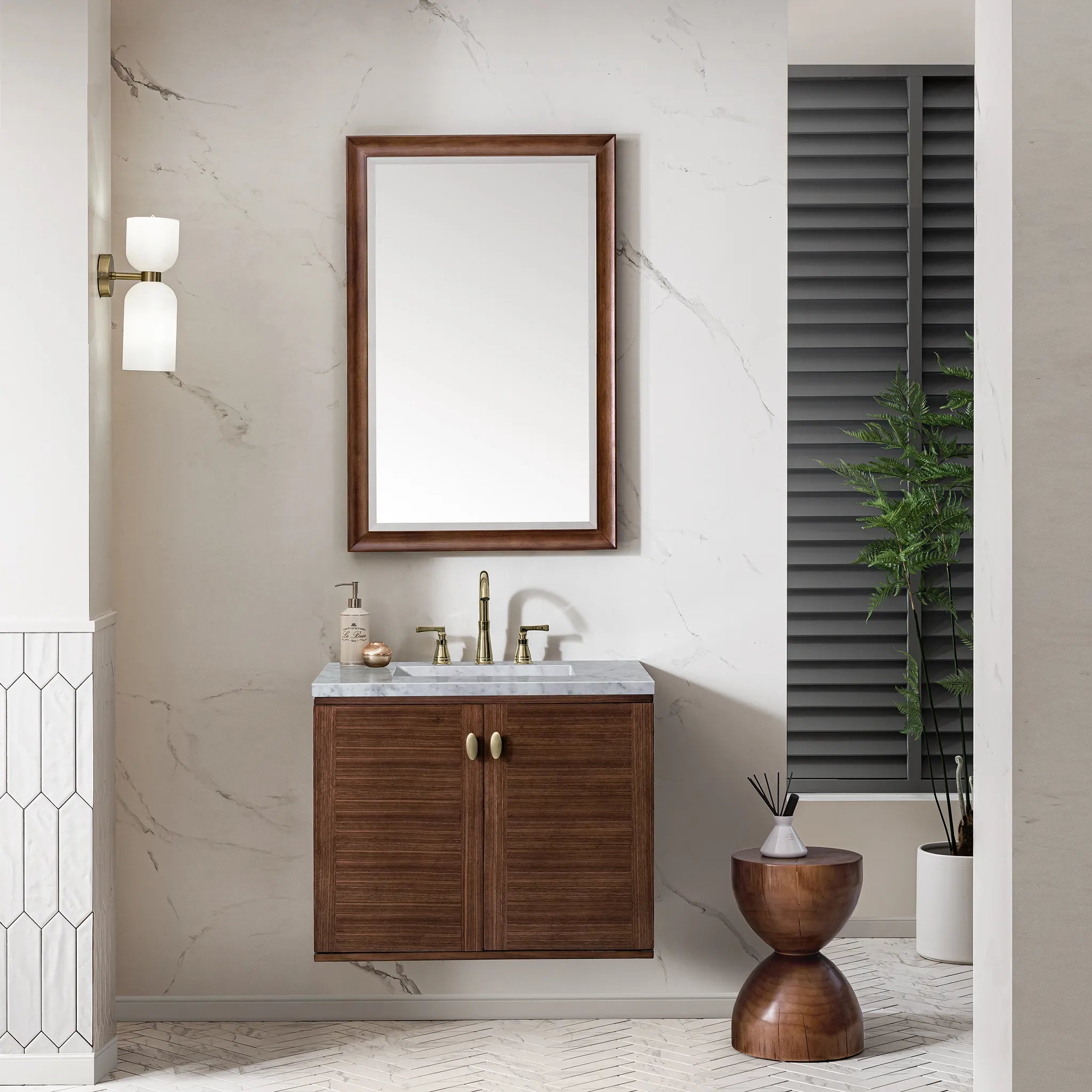 30" Amberly Single Vanity in Mid-Century Walnut-Carrara White Marble-8" Widespread image 3