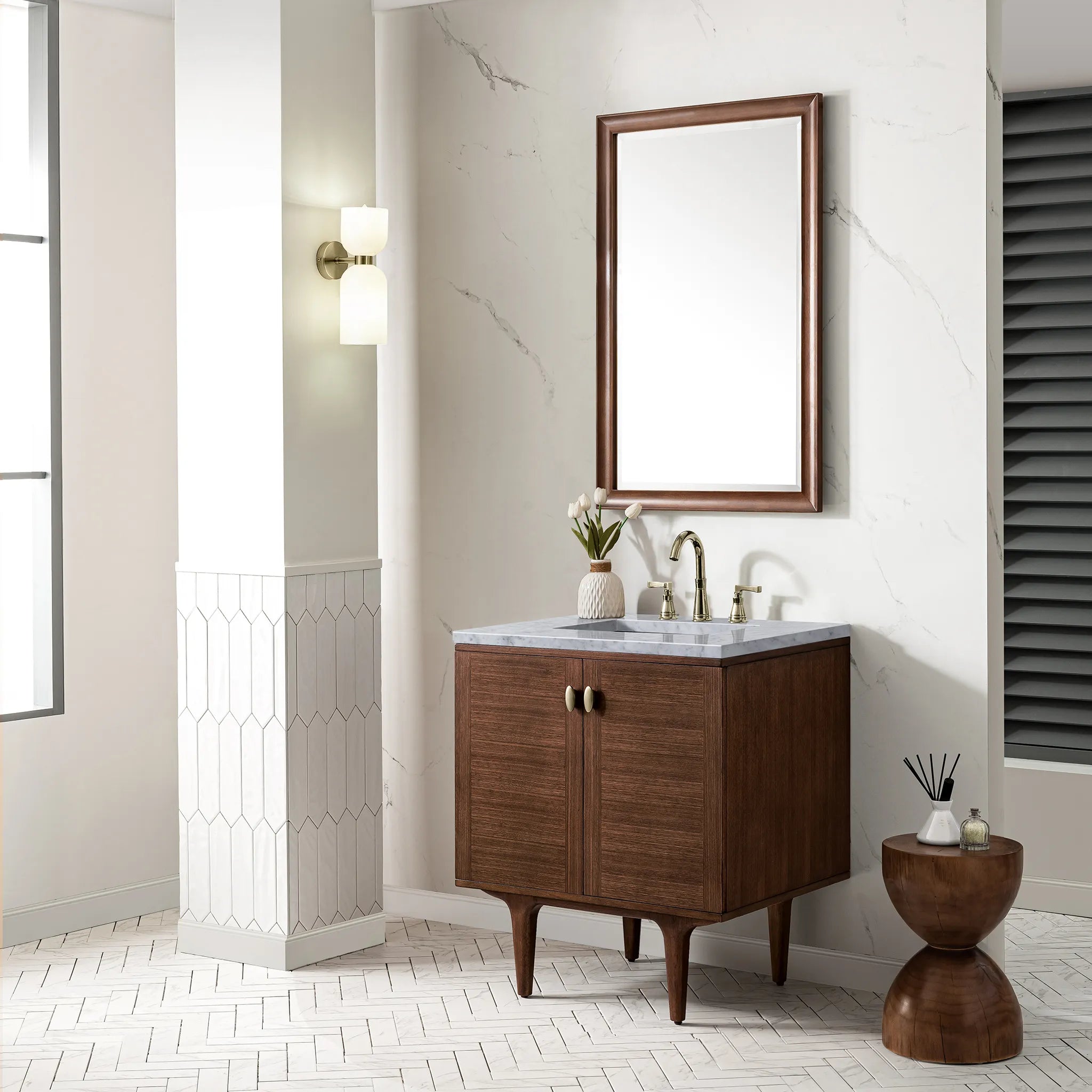30" Amberly Single Vanity in Mid-Century Walnut-Carrara White Marble-8" Widespread image 4