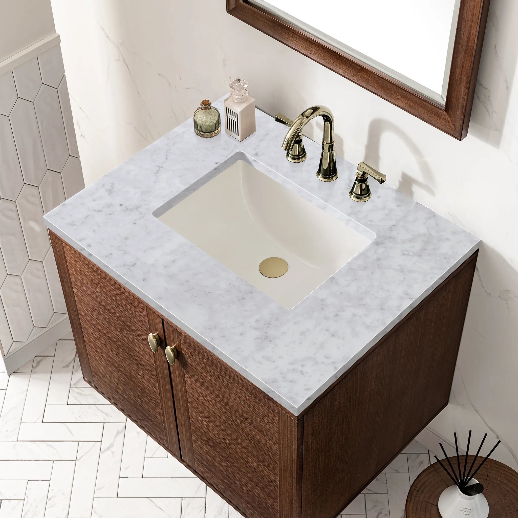 30" Amberly Single Vanity in Mid-Century Walnut-Carrara White Marble-8" Widespread image 9