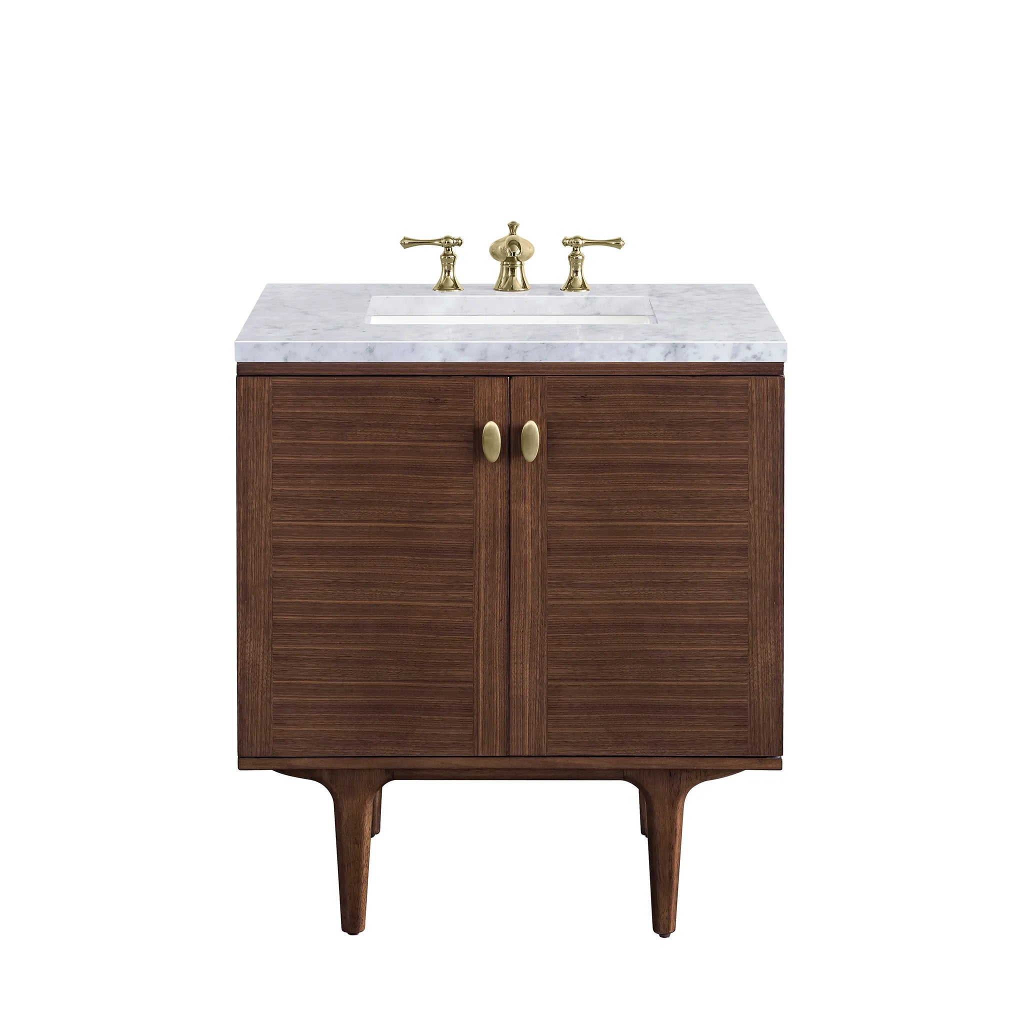 30" Amberly Single Vanity in Mid-Century Walnut-Carrara White Marble-8" Widespread image