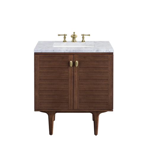 30" Amberly Single Vanity in Mid-Century Walnut-Carrara White Marble-8" Widespread image