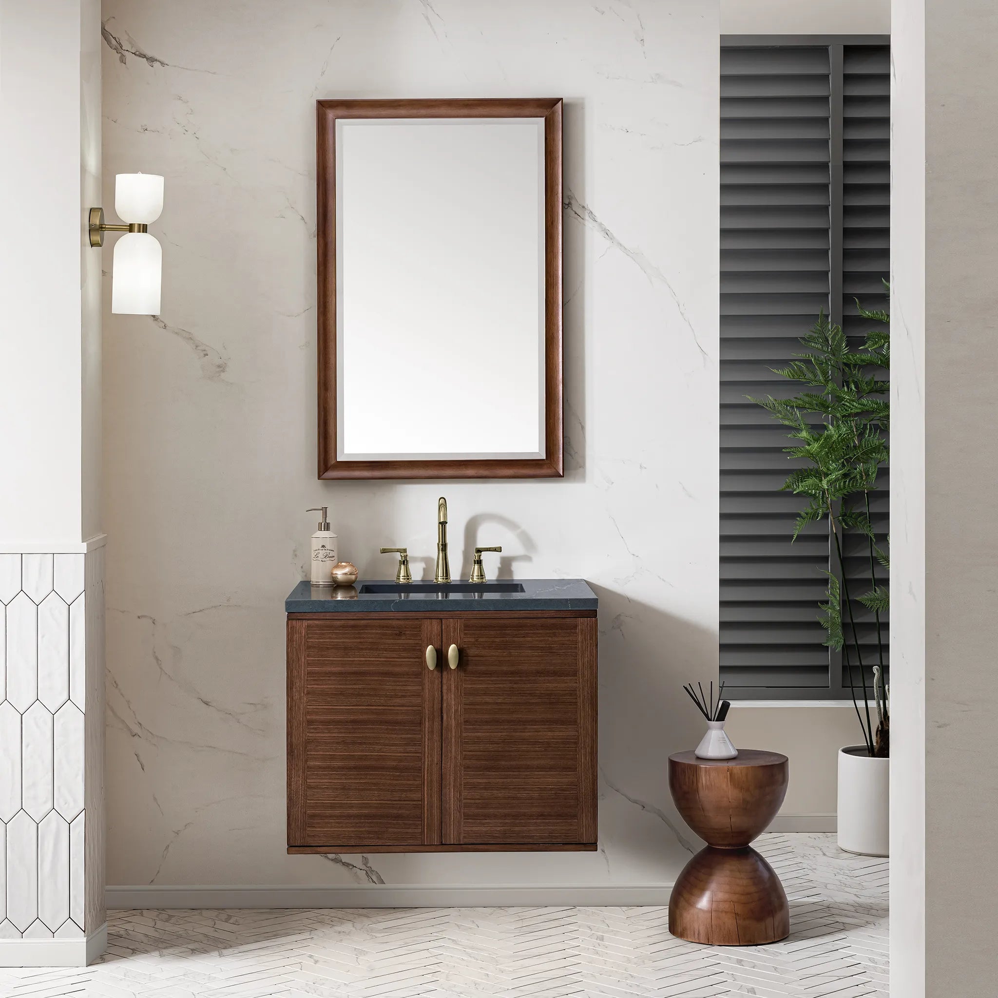 30" Amberly Single Vanity in Mid-Century Walnut-Charcoal Soapstone Silestone-8" Widespread image 3