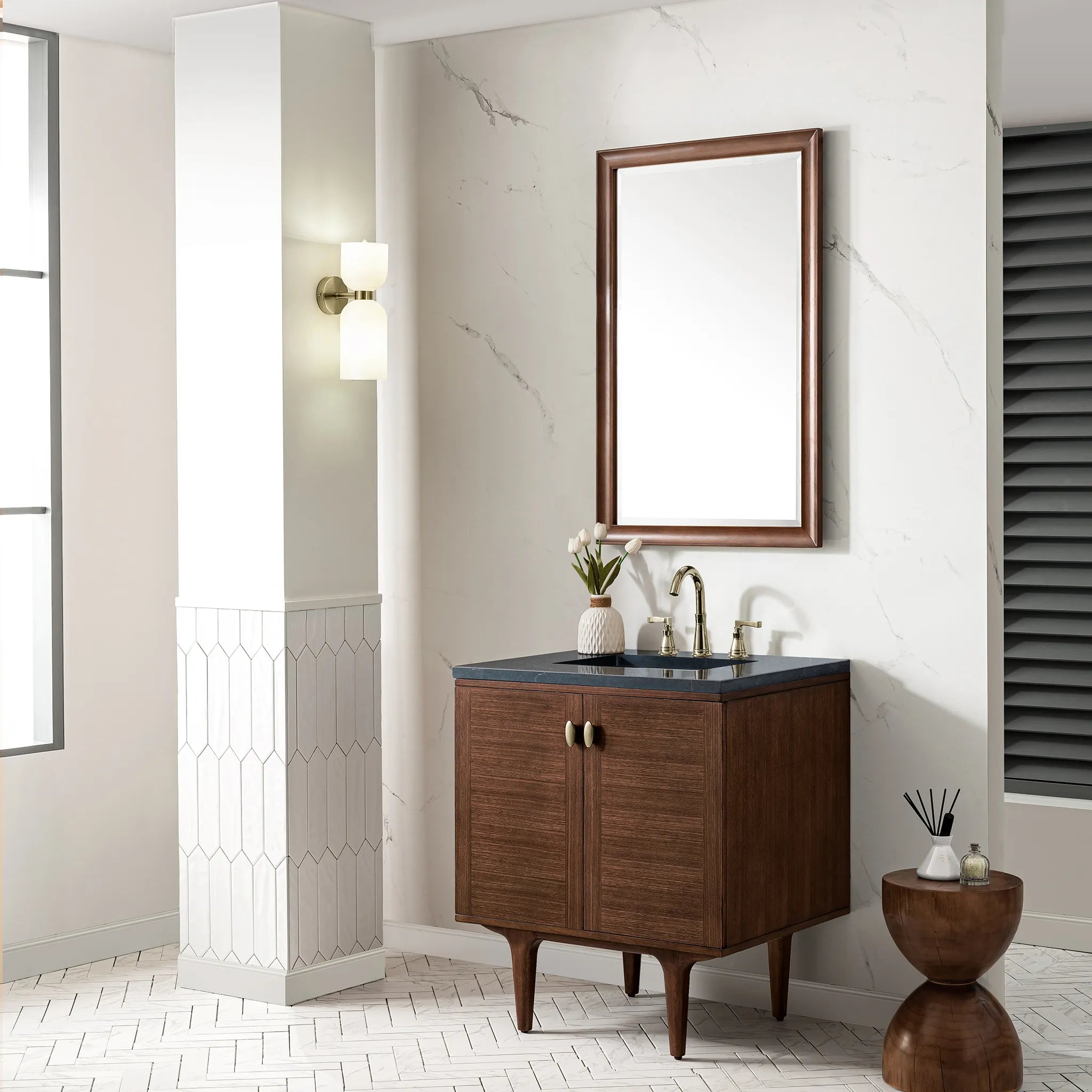 30" Amberly Single Vanity in Mid-Century Walnut-Charcoal Soapstone Silestone-8" Widespread image 4