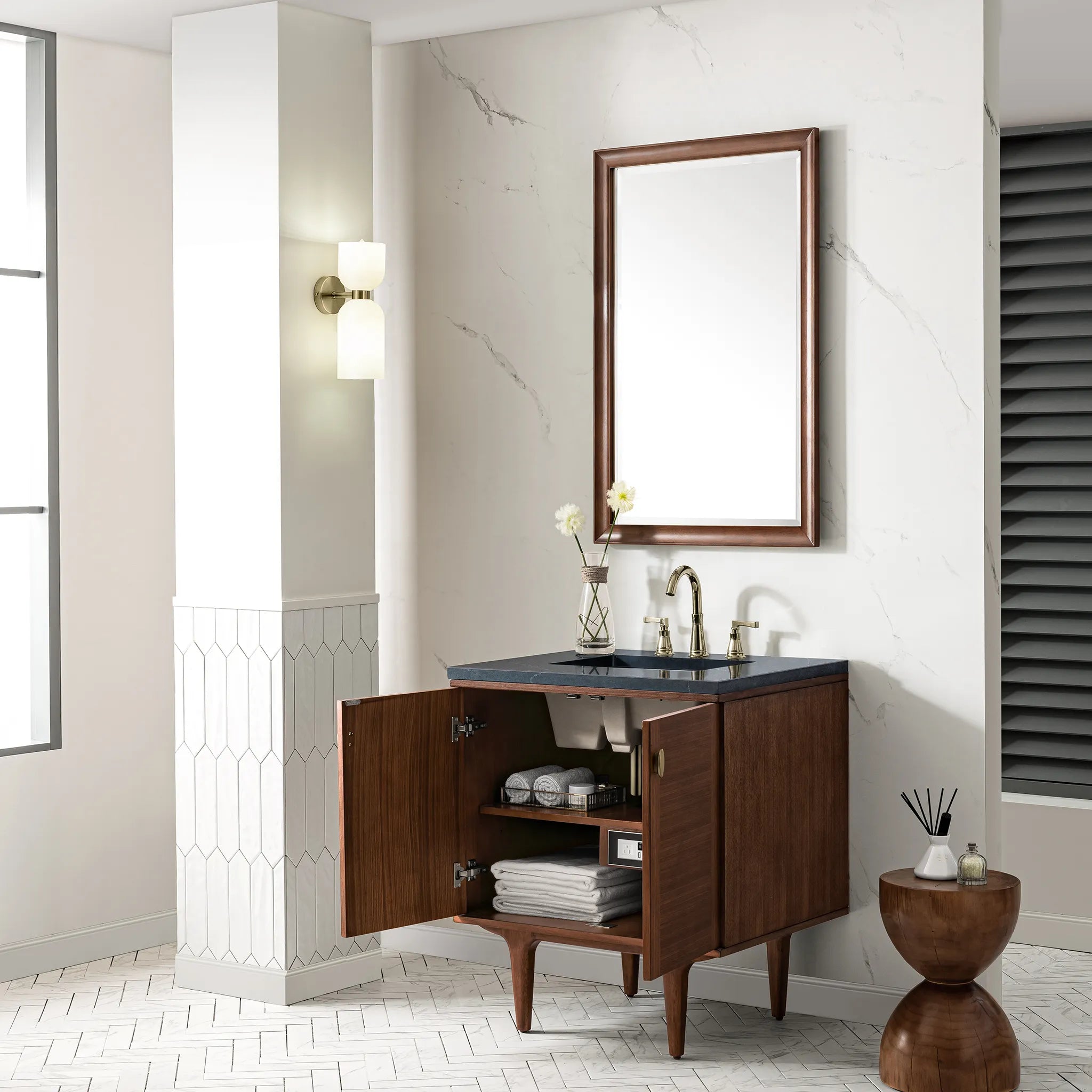 30" Amberly Single Vanity in Mid-Century Walnut-Charcoal Soapstone Silestone-8" Widespread image 6