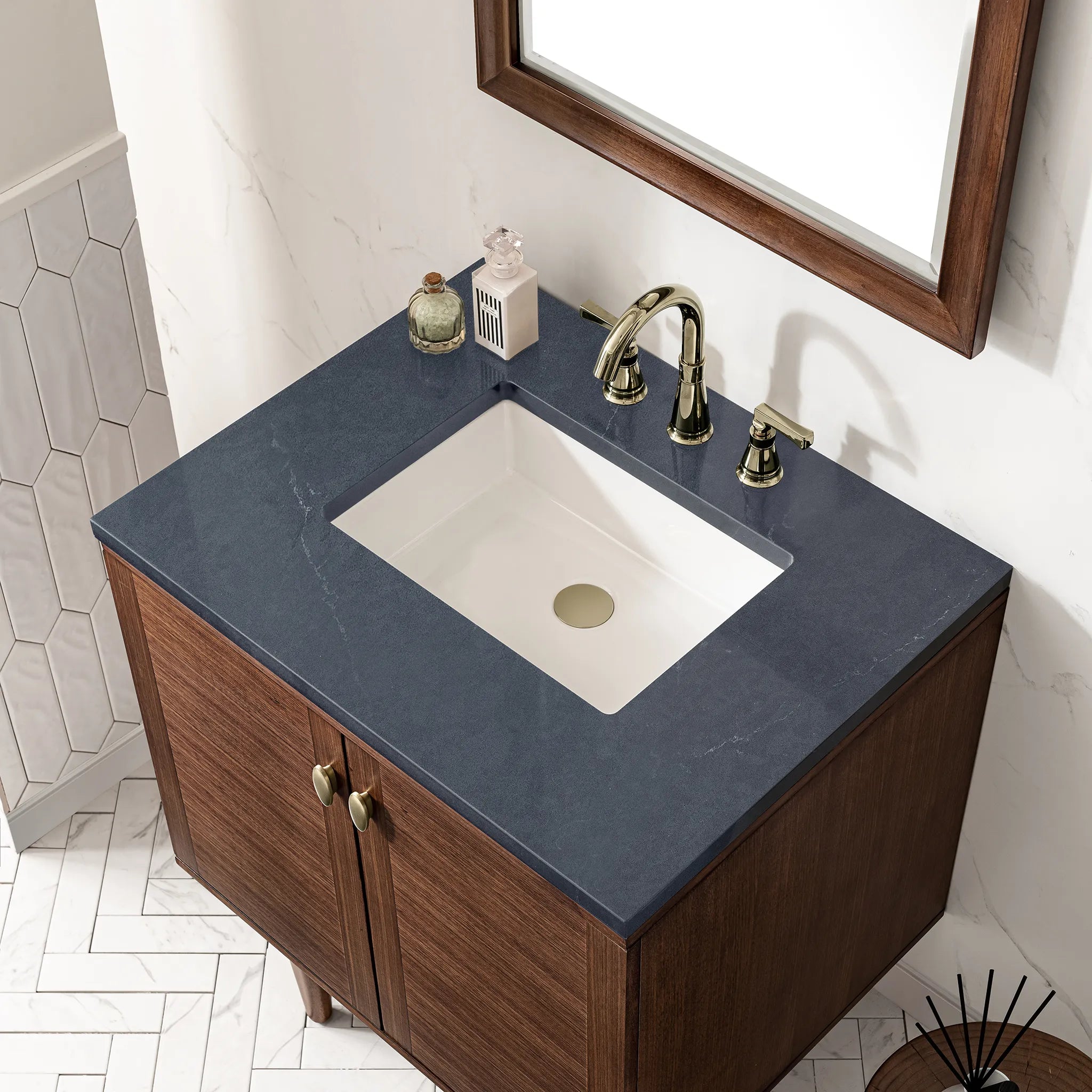 30" Amberly Single Vanity in Mid-Century Walnut-Charcoal Soapstone Silestone-8" Widespread image 8
