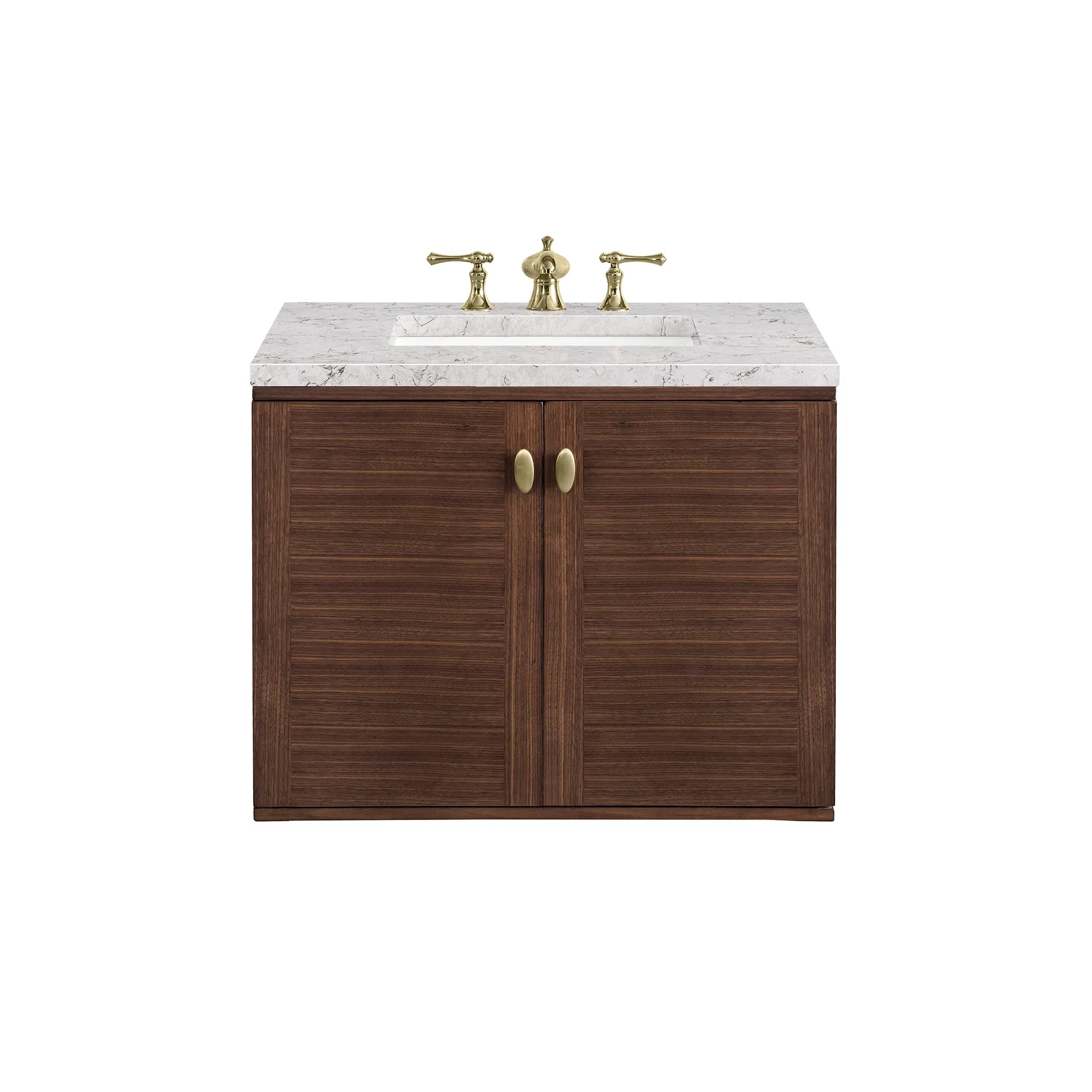 30" Amberly Single Vanity in Mid-Century Walnut-Eternal Jasmine Pearl Silestone-8" Widespread image 1