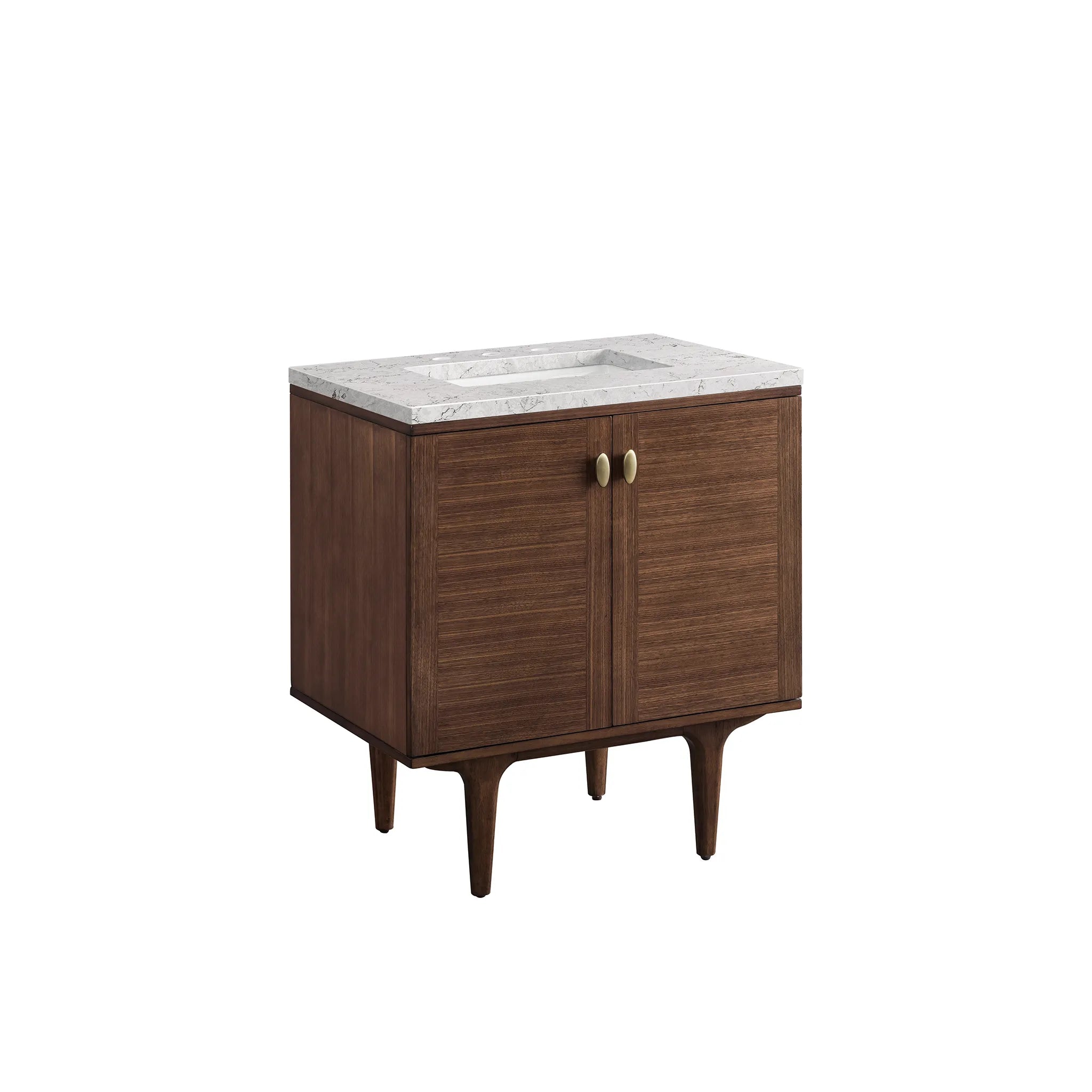 30" Amberly Single Vanity in Mid-Century Walnut-Eternal Jasmine Pearl Silestone-8" Widespread image 10