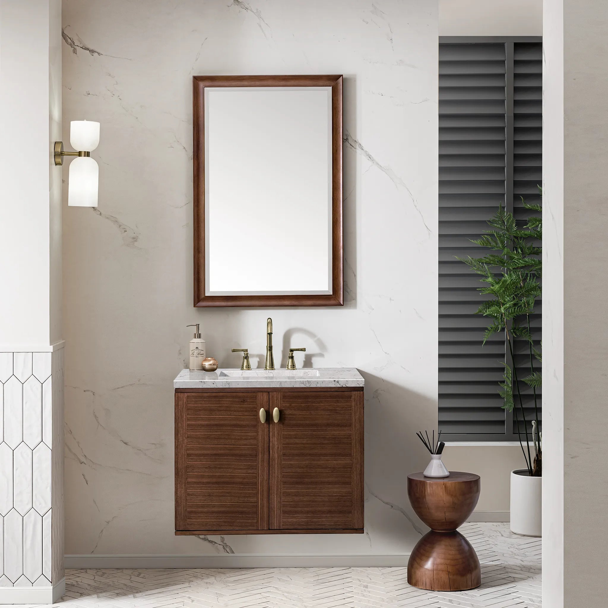 30" Amberly Single Vanity in Mid-Century Walnut-Eternal Jasmine Pearl Silestone-8" Widespread image 3