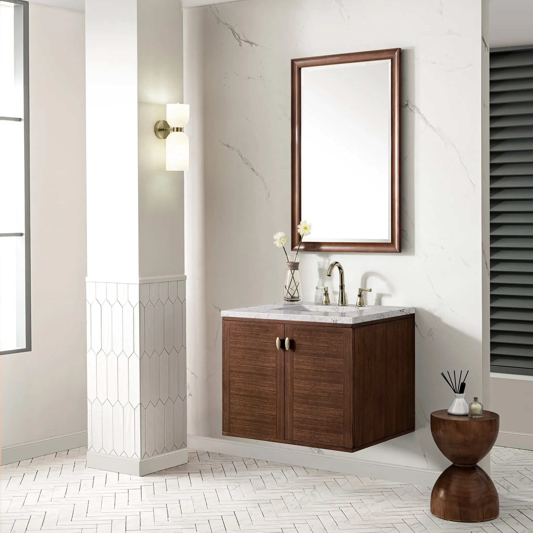 30" Amberly Single Vanity in Mid-Century Walnut-Eternal Jasmine Pearl Silestone-8" Widespread image 5