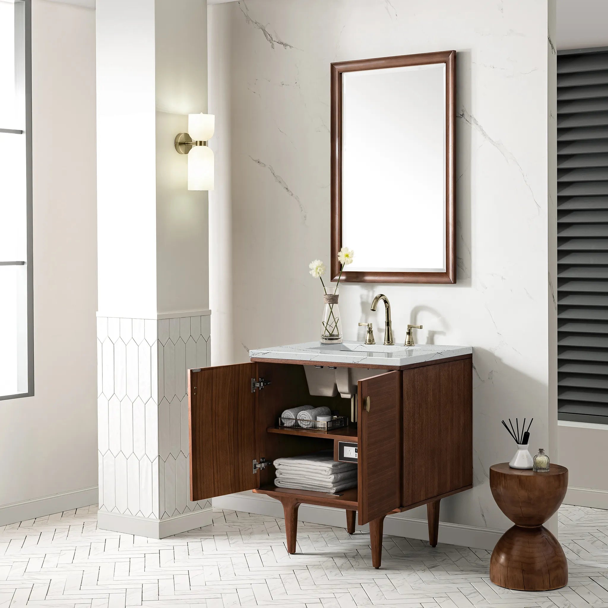 30" Amberly Single Vanity in Mid-Century Walnut-Ethereal Noctis Silestone-8" Widespread image 6
