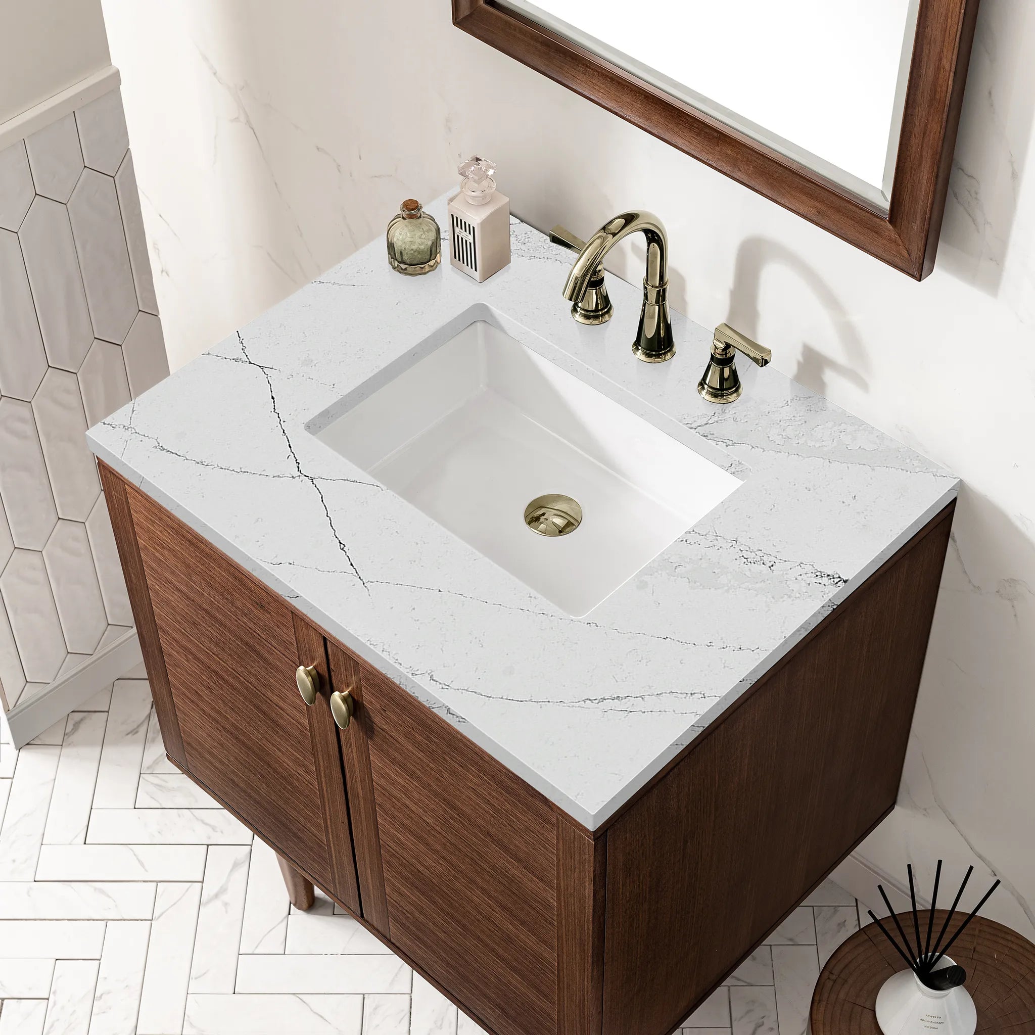30" Amberly Single Vanity in Mid-Century Walnut-Ethereal Noctis Silestone-8" Widespread image 8