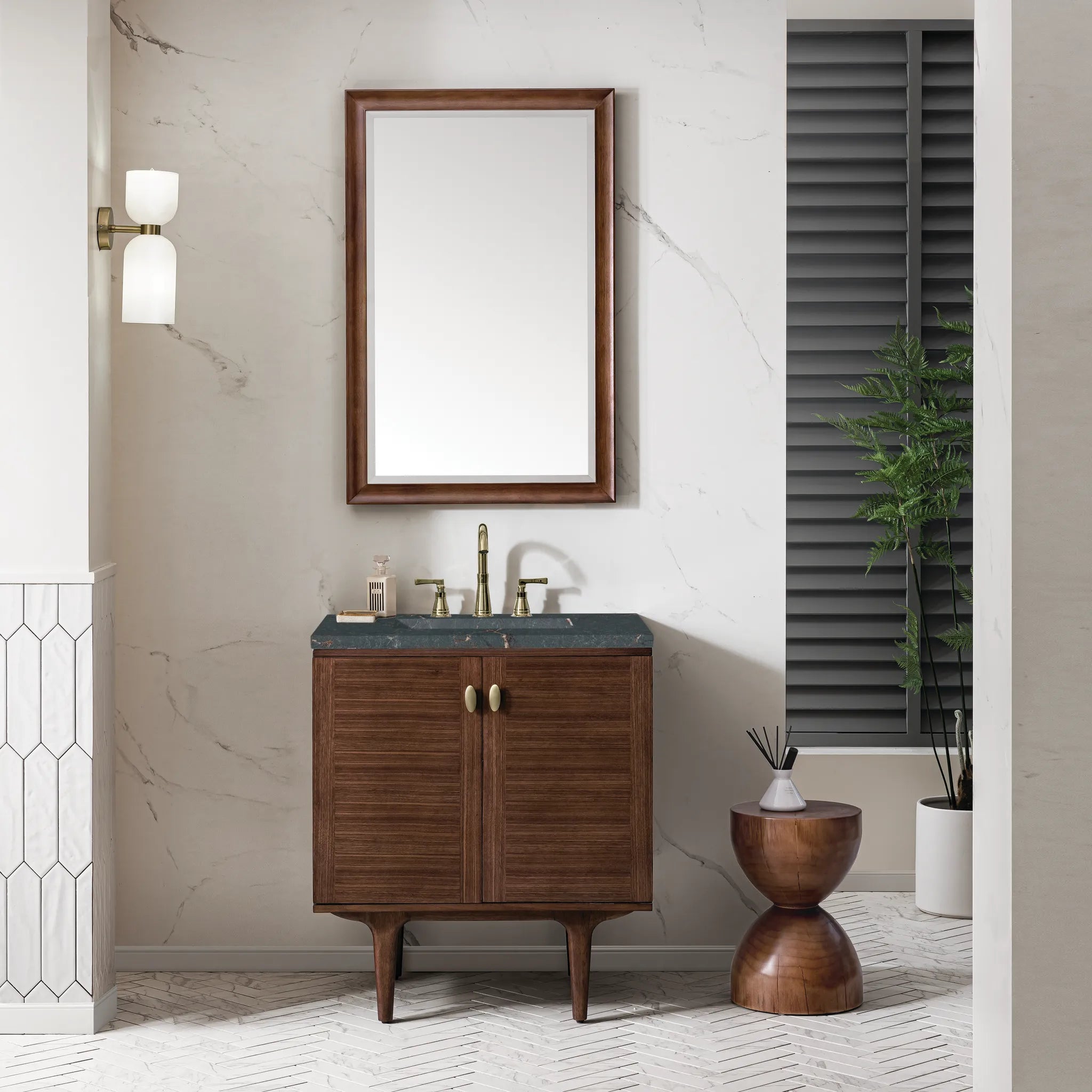 30" Amberly Single Vanity in Mid-Century Walnut-Parisien Bleu Silestone-8" Widespread image 2