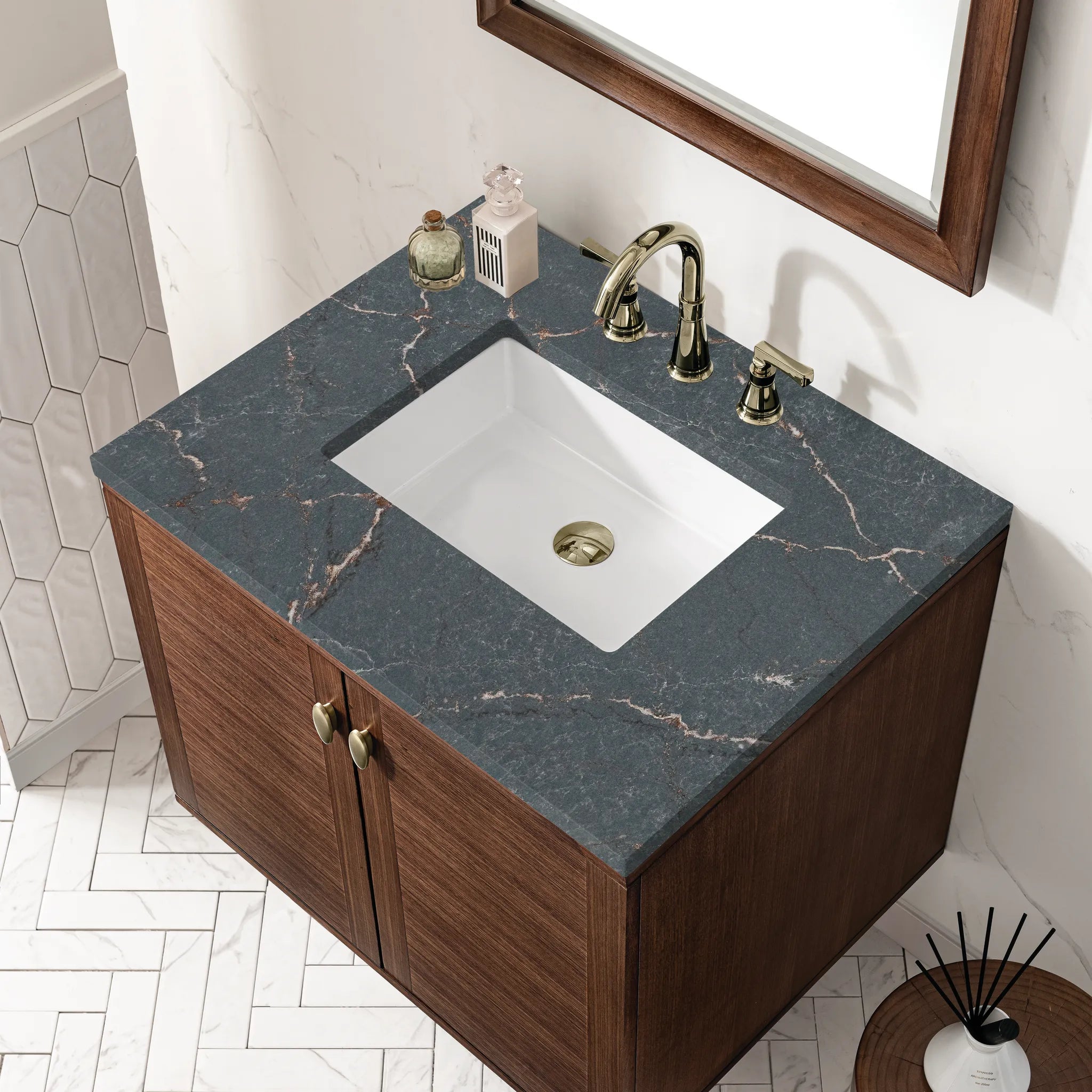 30" Amberly Single Vanity in Mid-Century Walnut-Parisien Bleu Silestone-8" Widespread image 9