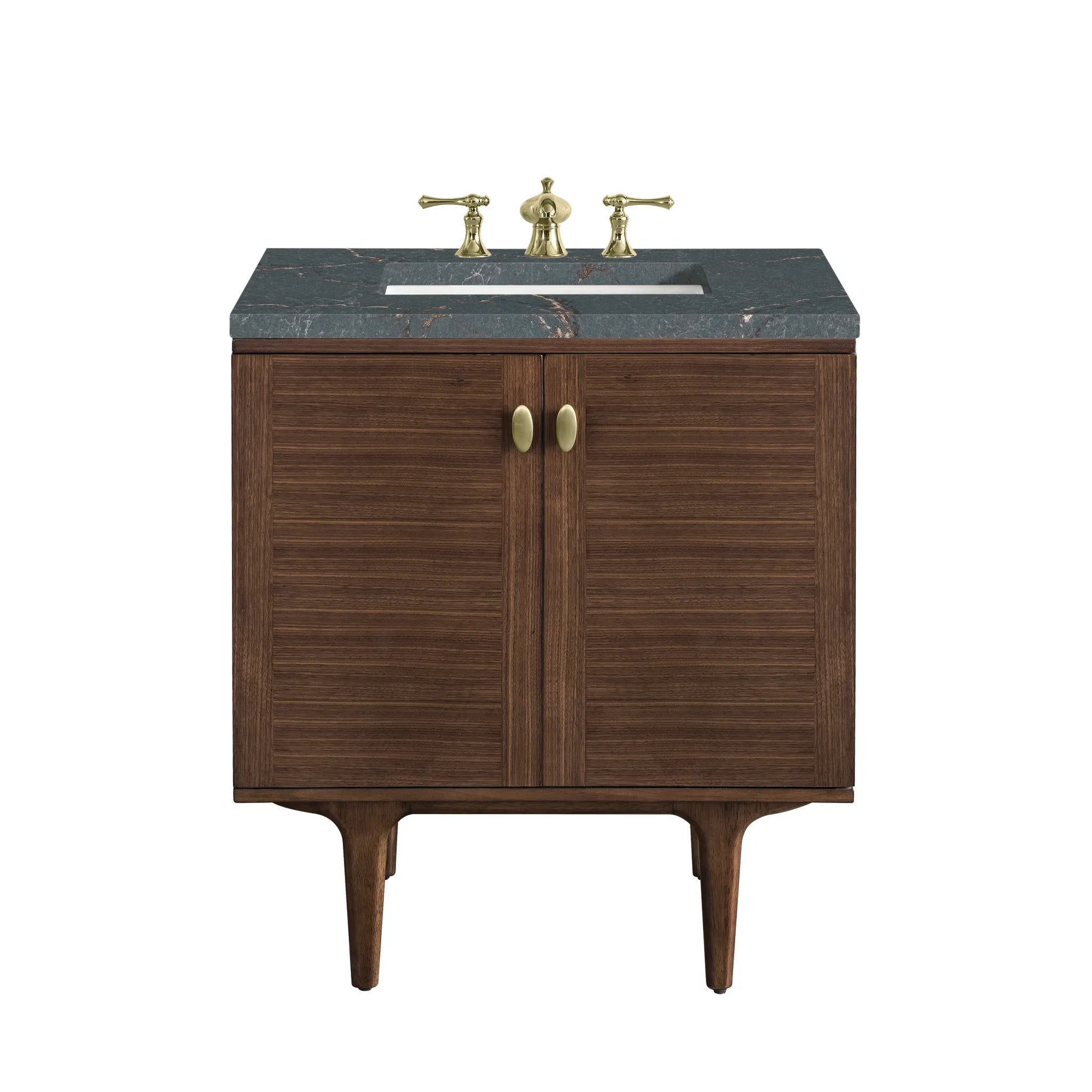 30" Amberly Single Vanity in Mid-Century Walnut-Parisien Bleu Silestone-8" Widespread image