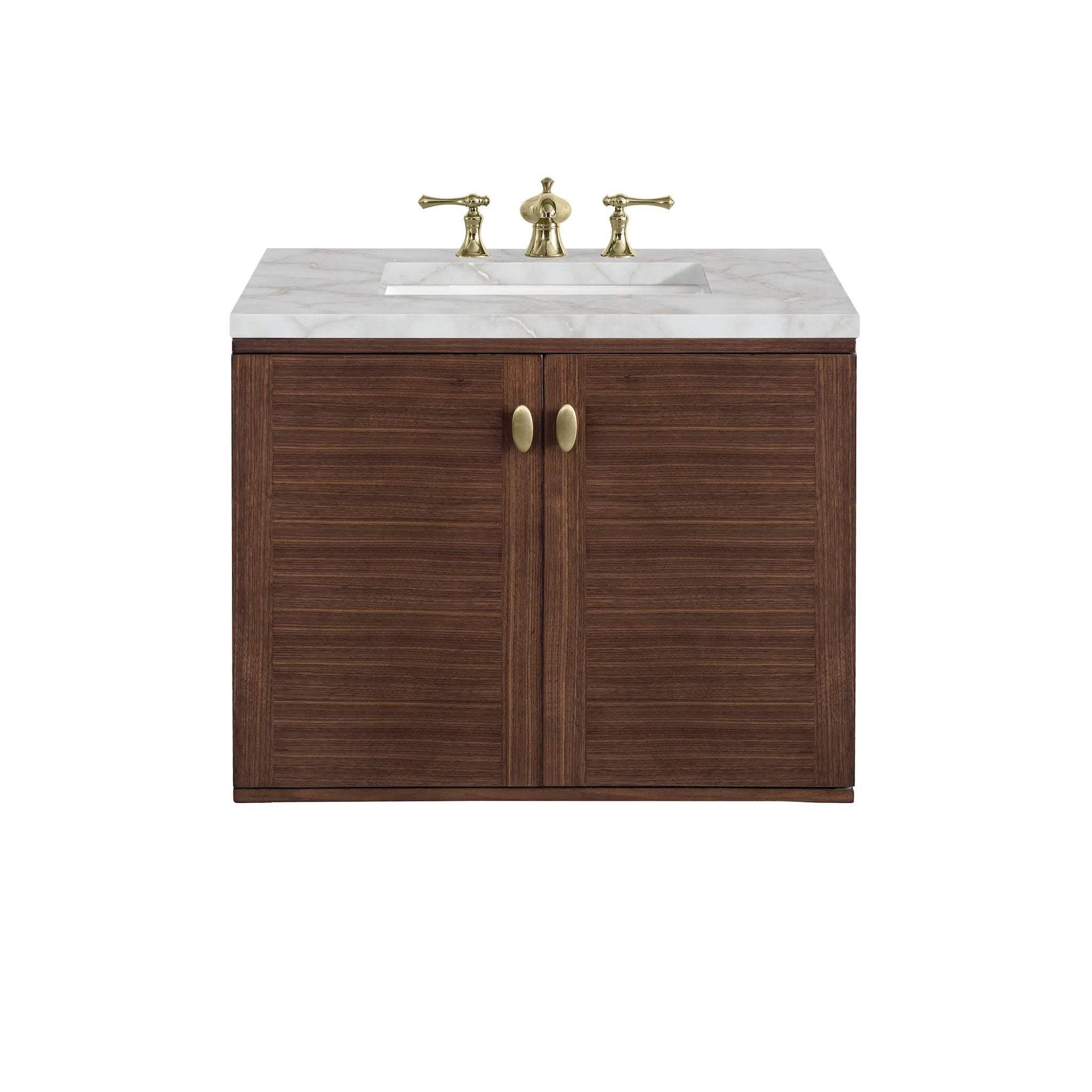 30" Amberly Single Vanity in Mid-Century Walnut-Victorian Silver Silestone-8" Widespread image 1