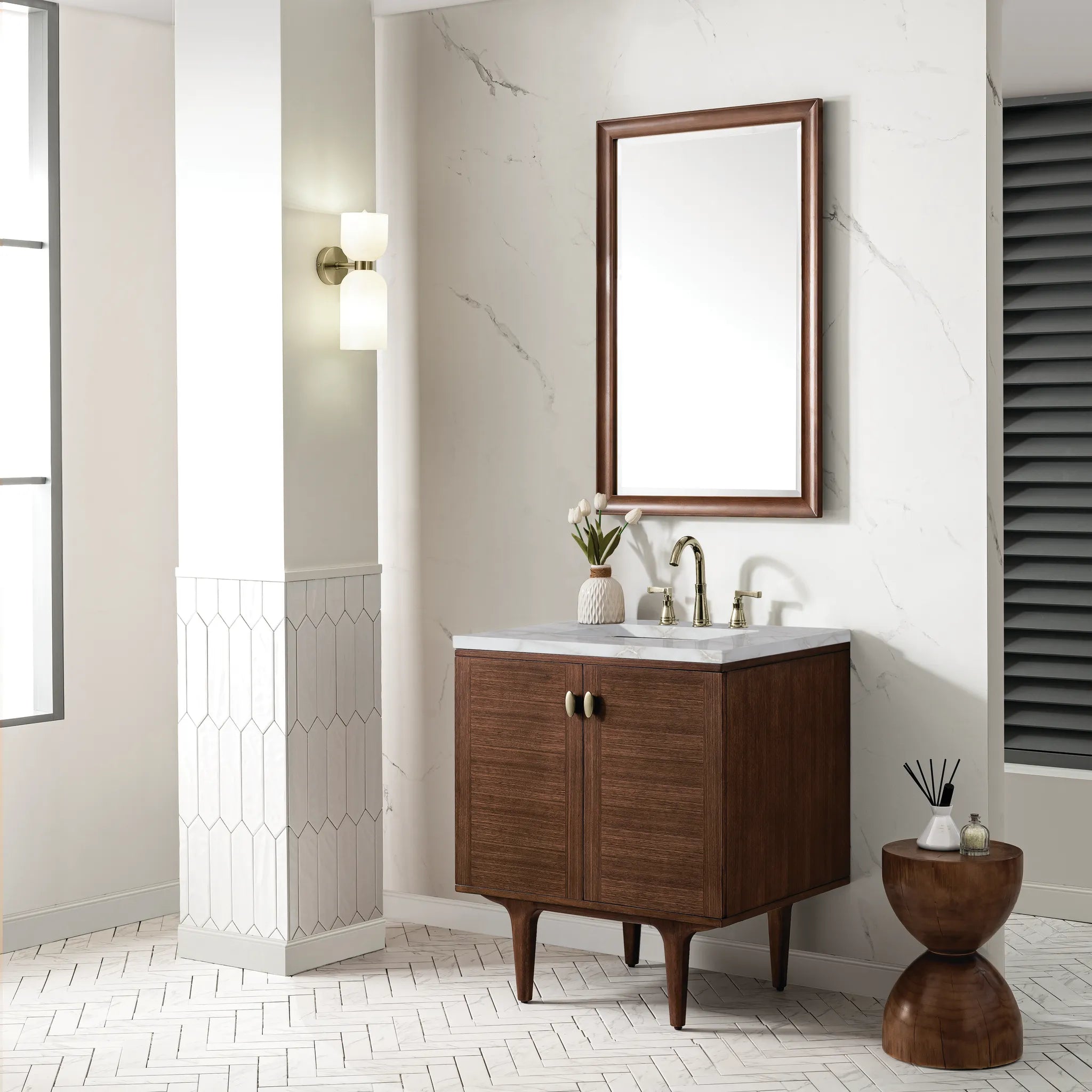 30" Amberly Single Vanity in Mid-Century Walnut-Victorian Silver Silestone-8" Widespread image 4