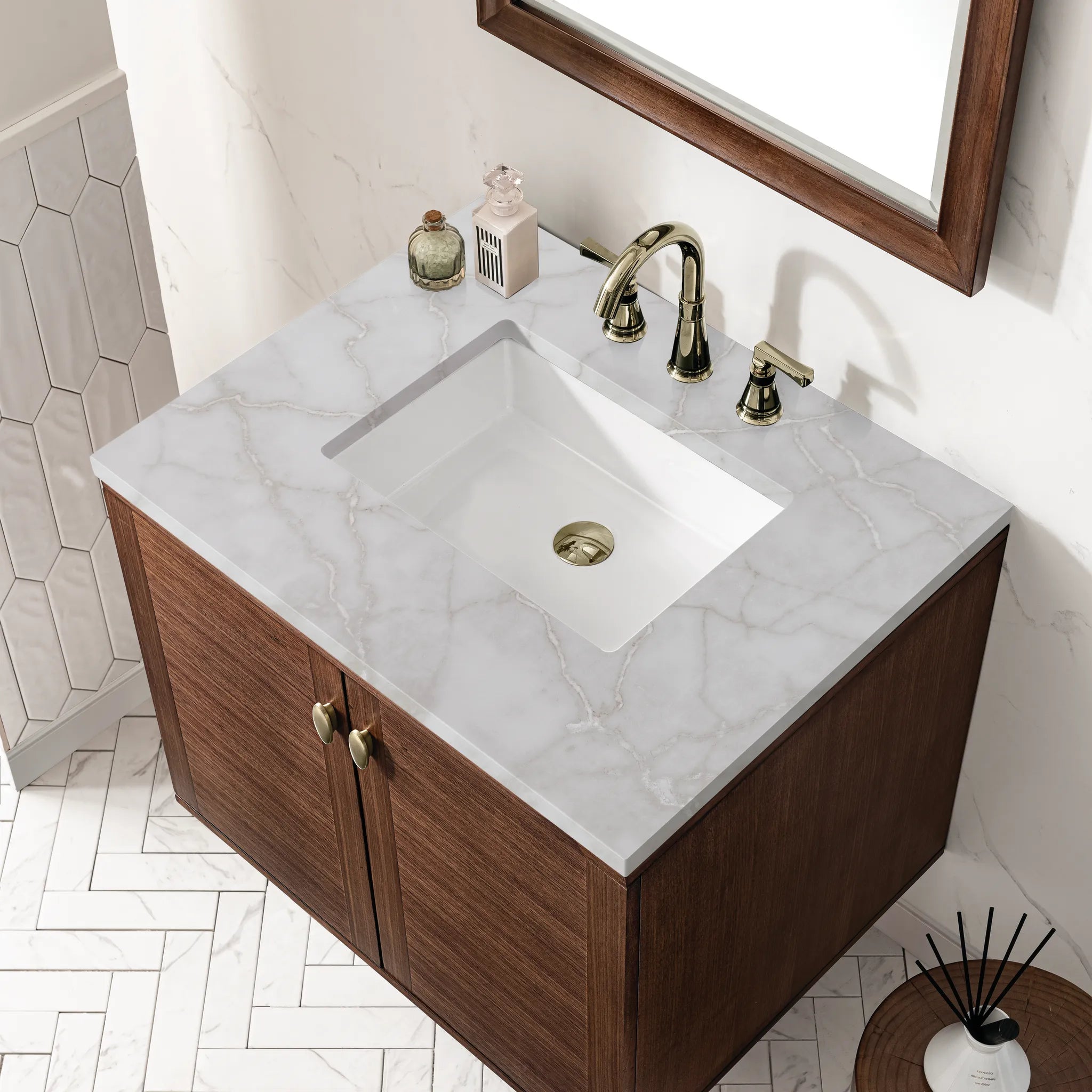 30" Amberly Single Vanity in Mid-Century Walnut-Victorian Silver Silestone-8" Widespread image 9