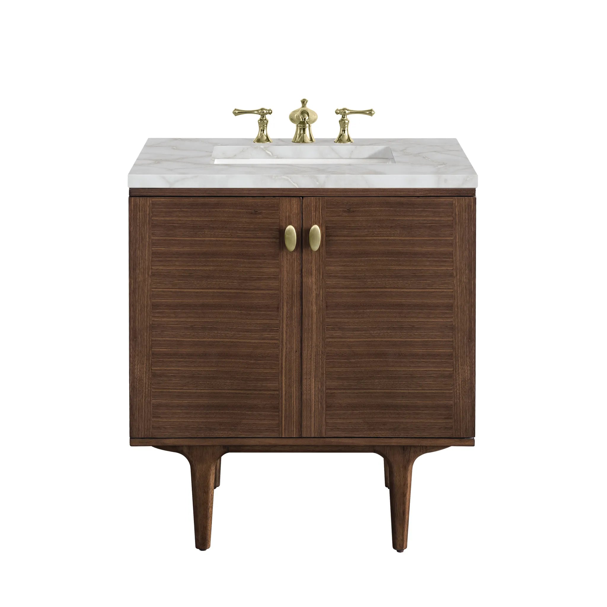 30" Amberly Single Vanity in Mid-Century Walnut-Victorian Silver Silestone-8" Widespread image