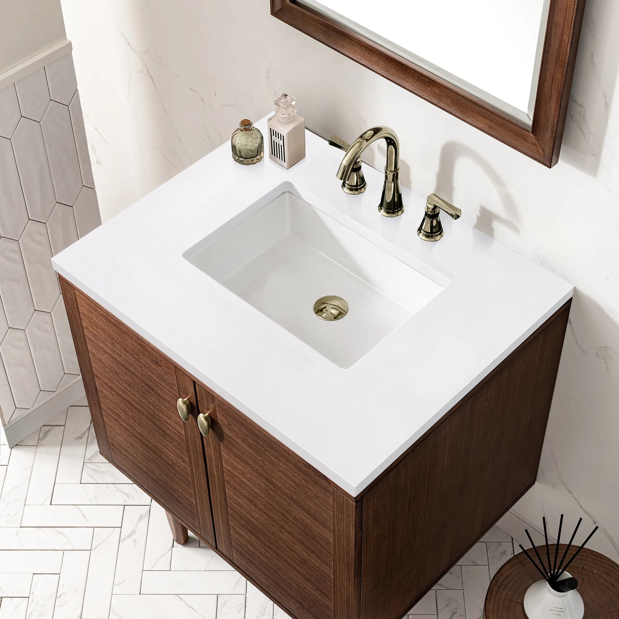 30" Amberly Single Vanity in Mid-Century Walnut-White Zeus Silestone-8" Widespread image 10