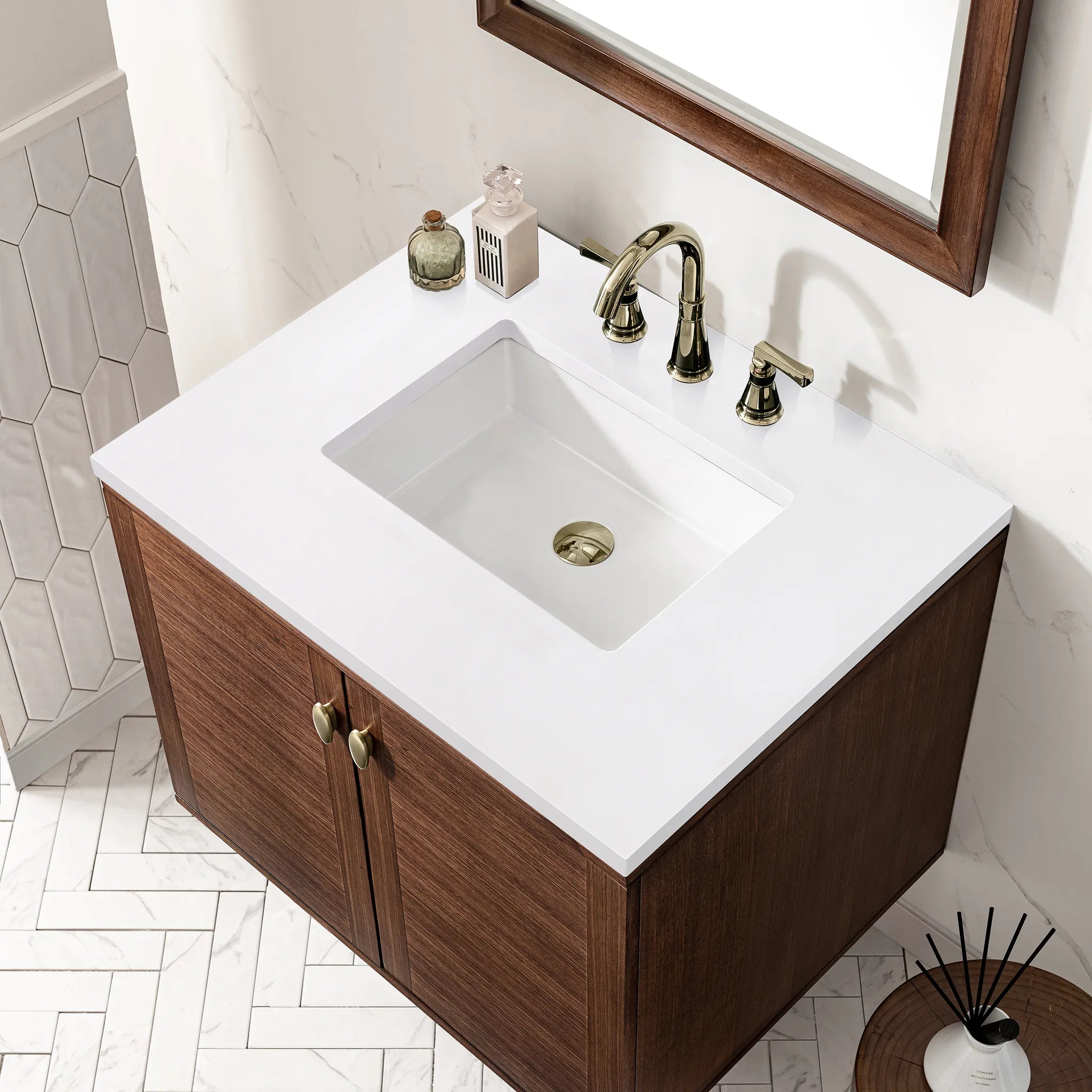 30" Amberly Single Vanity in Mid-Century Walnut-White Zeus Silestone-8" Widespread image 11
