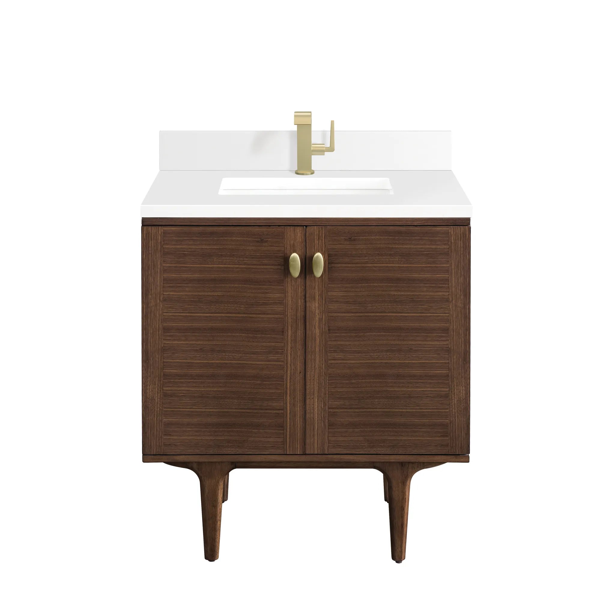 30" Amberly Single Vanity in Mid-Century Walnut-White Zeus Silestone & Backsplash-Single Hole image 1