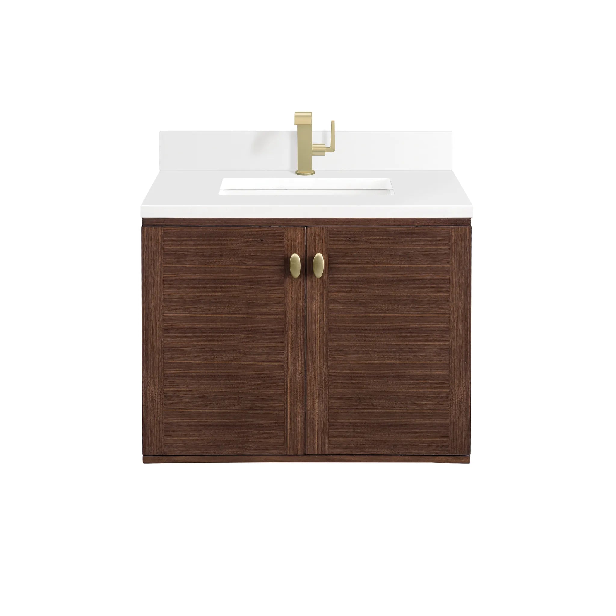 30" Amberly Single Vanity in Mid-Century Walnut-White Zeus Silestone & Backsplash-Single Hole image