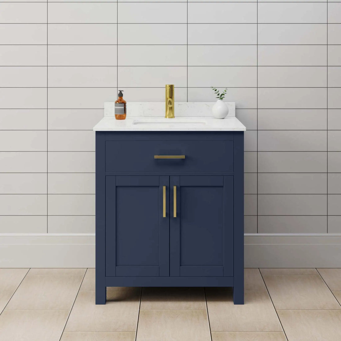 30" Beckett Single Bathroom Vanity in Dark Blue with Brushed Gold Trim by Wyndham