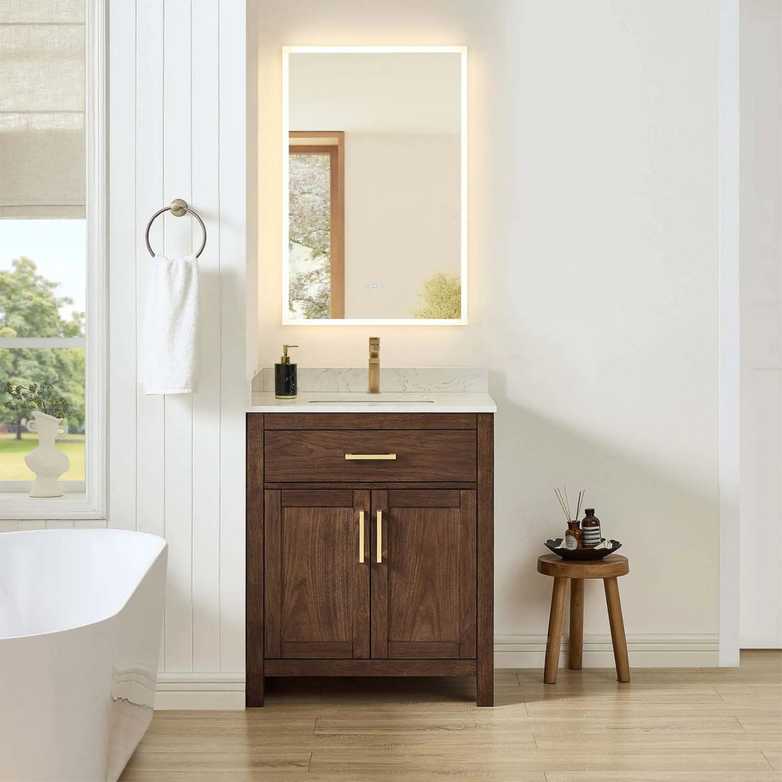 30" Beckett Single Bathroom Vanity in Dark Walnut with Brushed Gold Trim by Wyndham