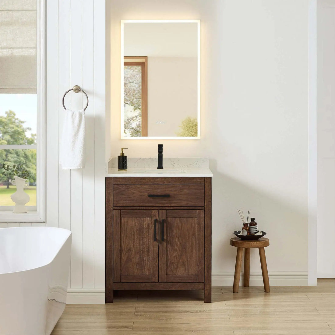 30" Beckett Single Bathroom Vanity in Dark Walnut with Matte Black Trim by Wyndham