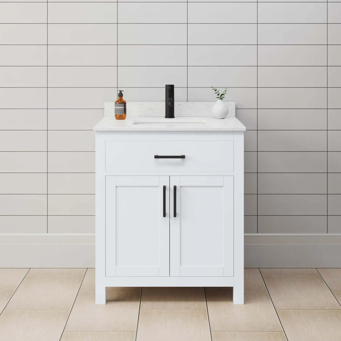 30" Beckett Single Bathroom Vanity in White with Matte Black Trim by Wyndham