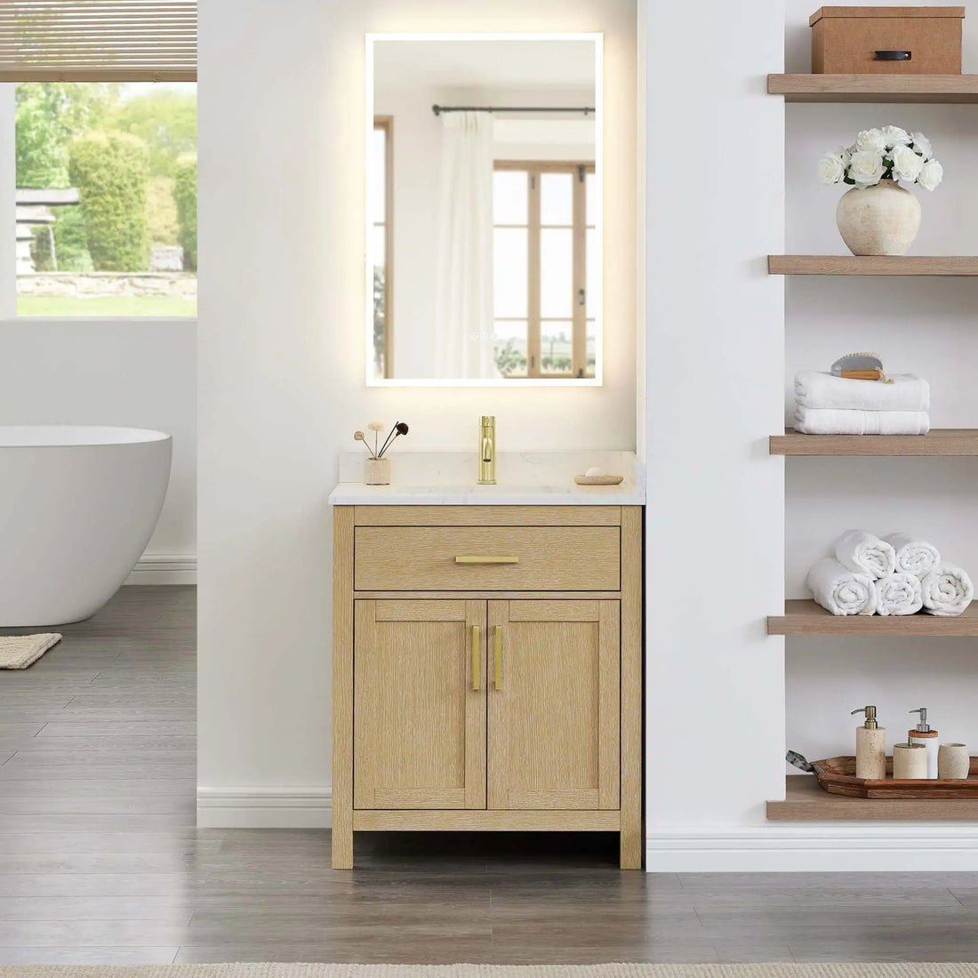 30" Beckett Single Bathroom Vanity in Whitewashed Oak with Brushed Gold Trim by Wyndham