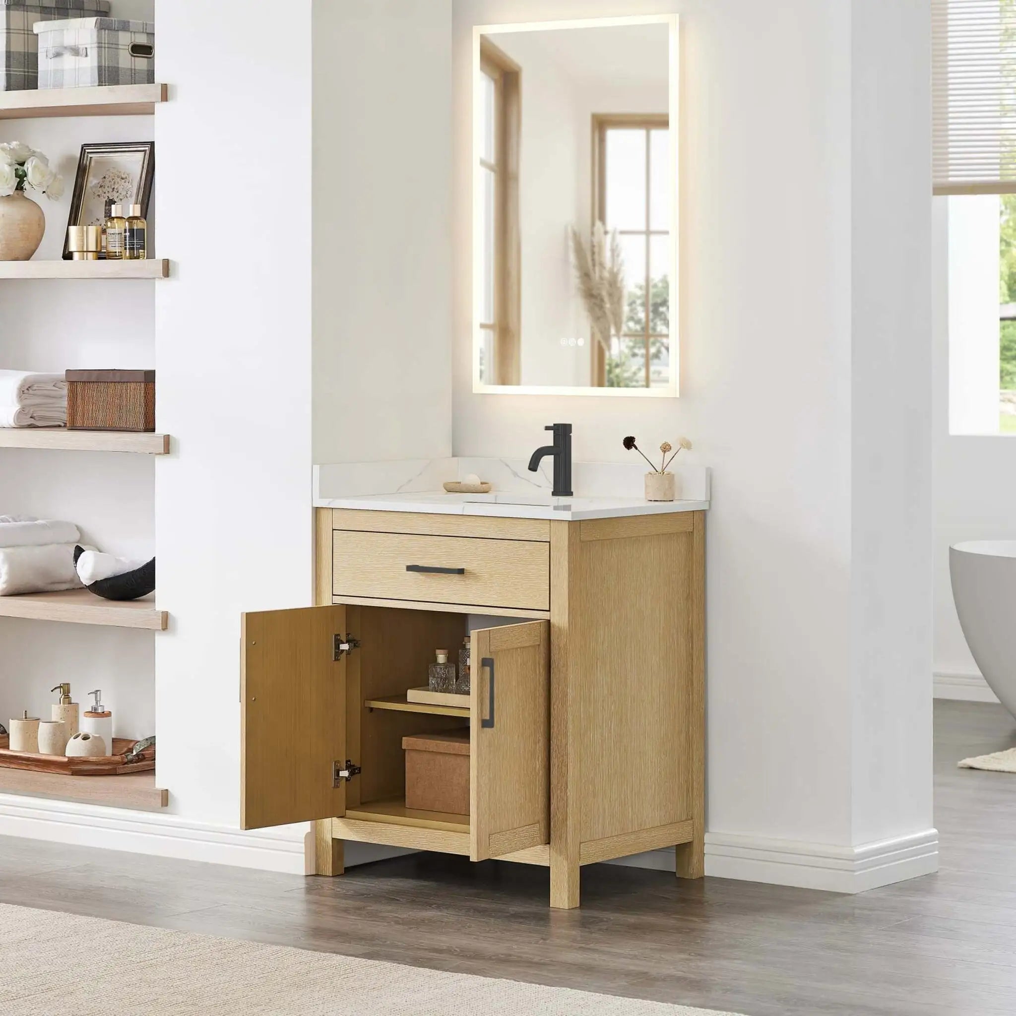30" Beckett Single Bathroom Vanity in Whitewashed Oak with Matte Black Trim by Wyndham