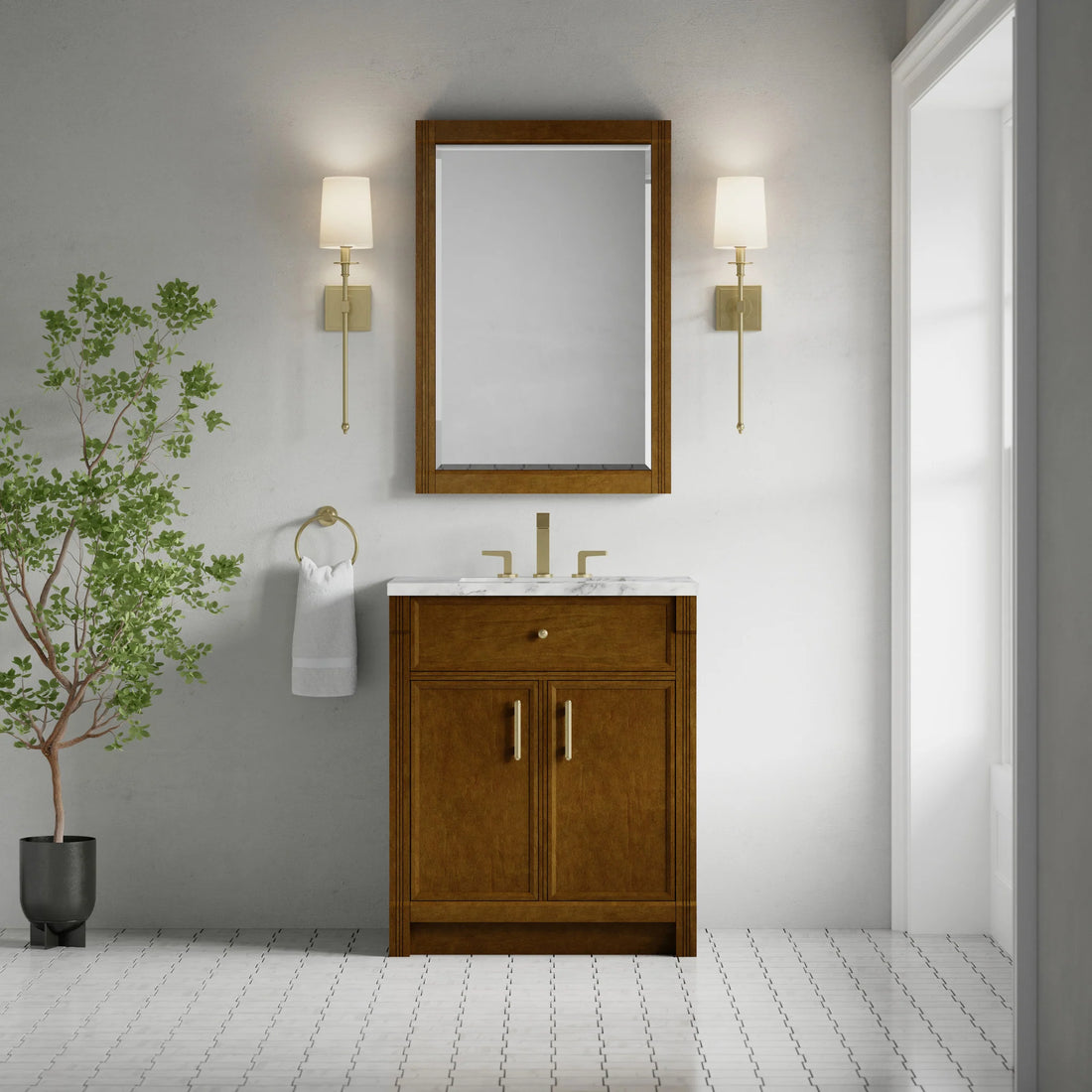 30" Bellshire Single Vanity in Honey Oak by James Martin Vanities-Carrara White Marble 1