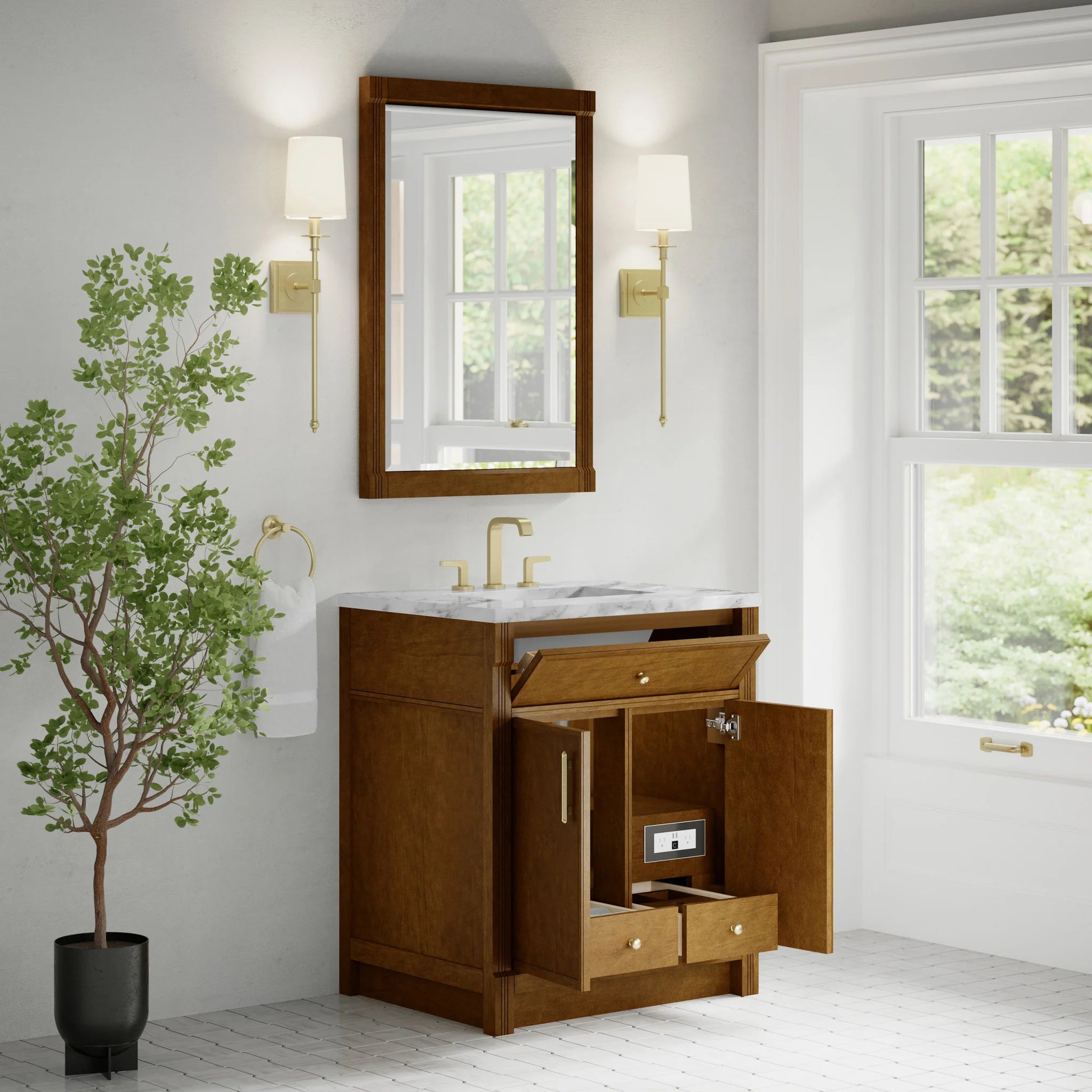 30" Bellshire Single Vanity in Honey Oak by James Martin Vanities-Carrara White Marble 3