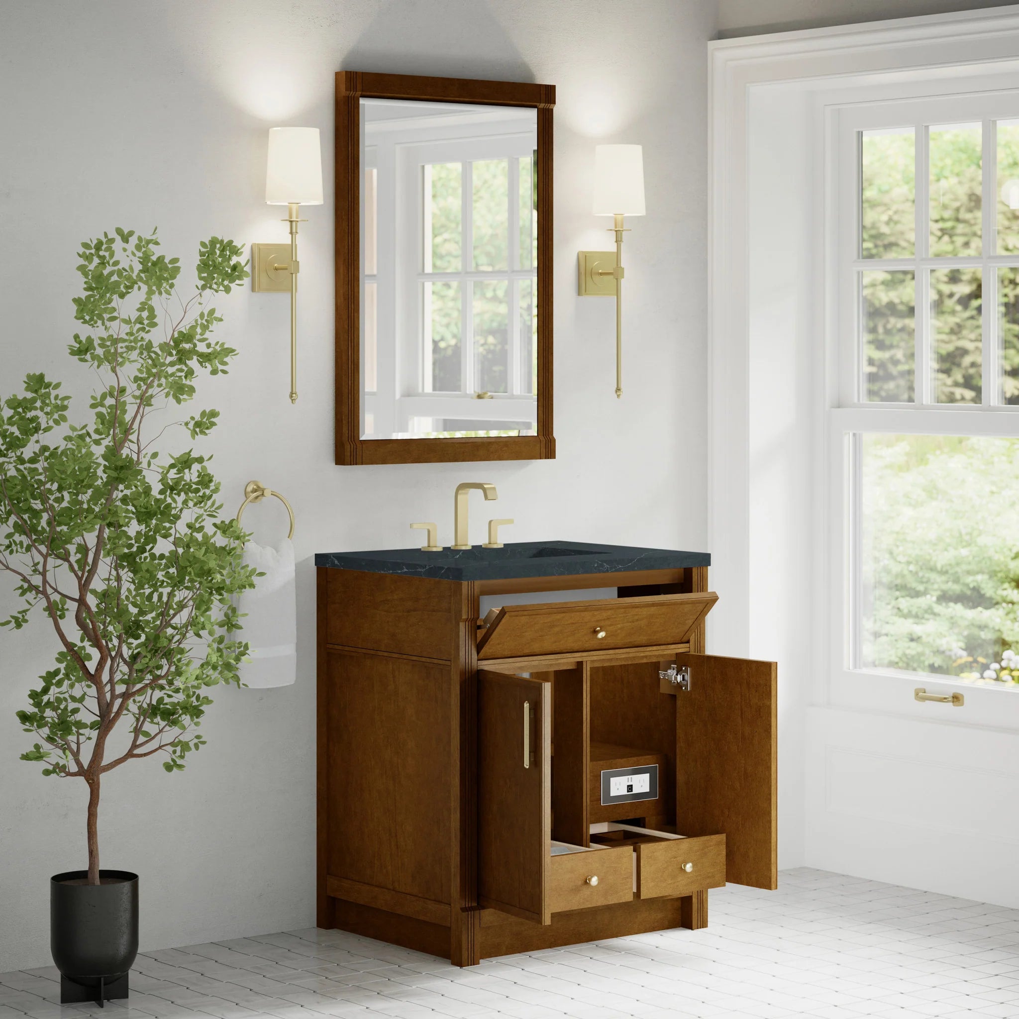 30" Bellshire Single Vanity in Honey Oak by James Martin Vanities-Charcoal Soapstone Silestone 3