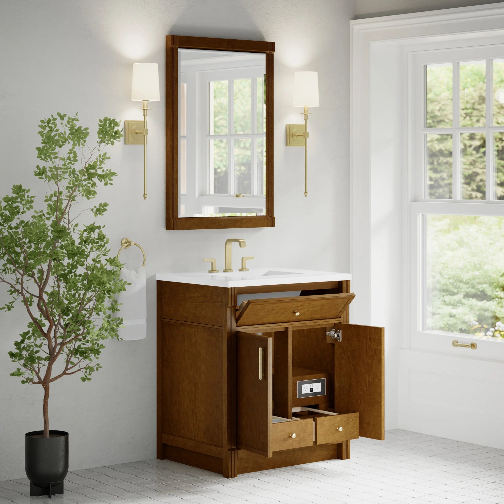 30" Bellshire Single Vanity in Honey Oak by James Martin Vanities-White Zeus Silestone 5