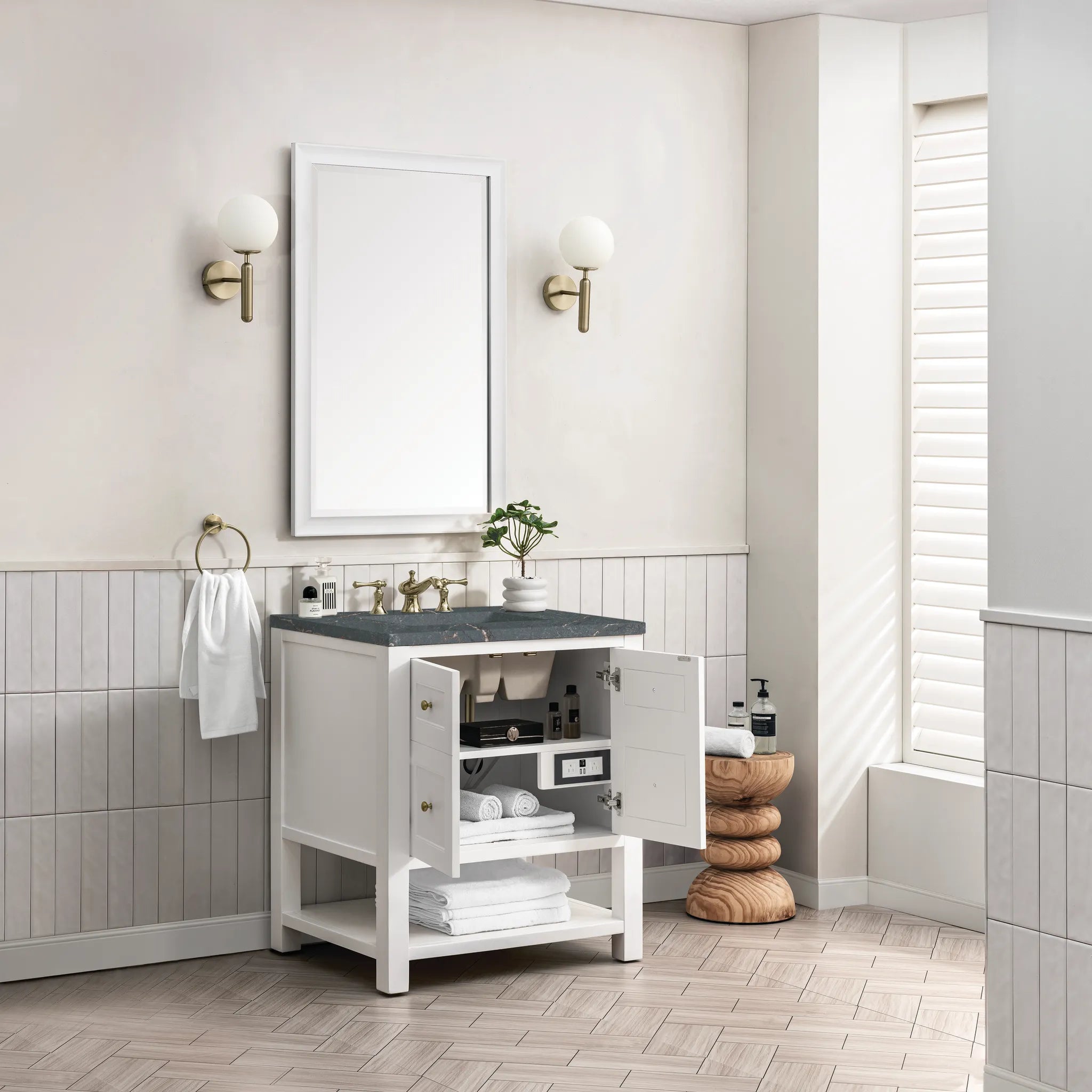 30" Breckenridge Single Vanity in Bright White-Parisien Bleu Silestone-8" Widespread image 3