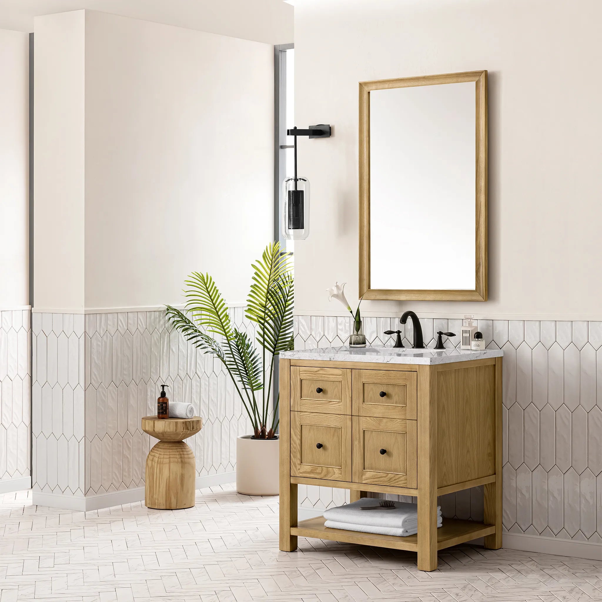 30" Breckenridge Single Vanity in Light Natural Oak-Eternal Jasmine Pearl Silestone-8" Widespread image 2