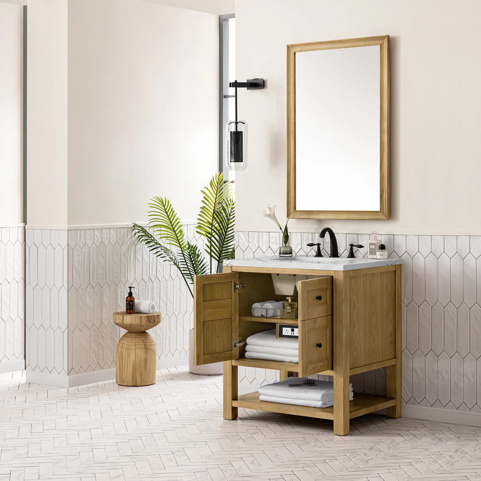 30" Breckenridge Single Vanity in Light Natural Oak-Ethereal Noctis Silestone-8" Widespread image 3