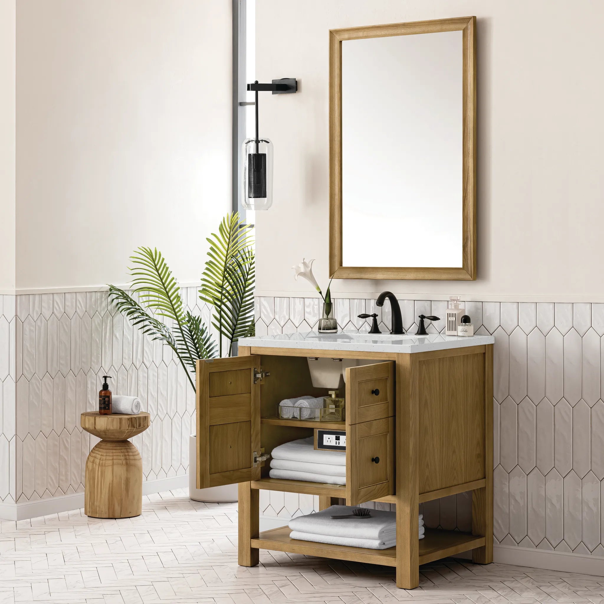 30" Breckenridge Single Vanity in Light Natural Oak-Lime Delight Silestone-8" Widespread image 3