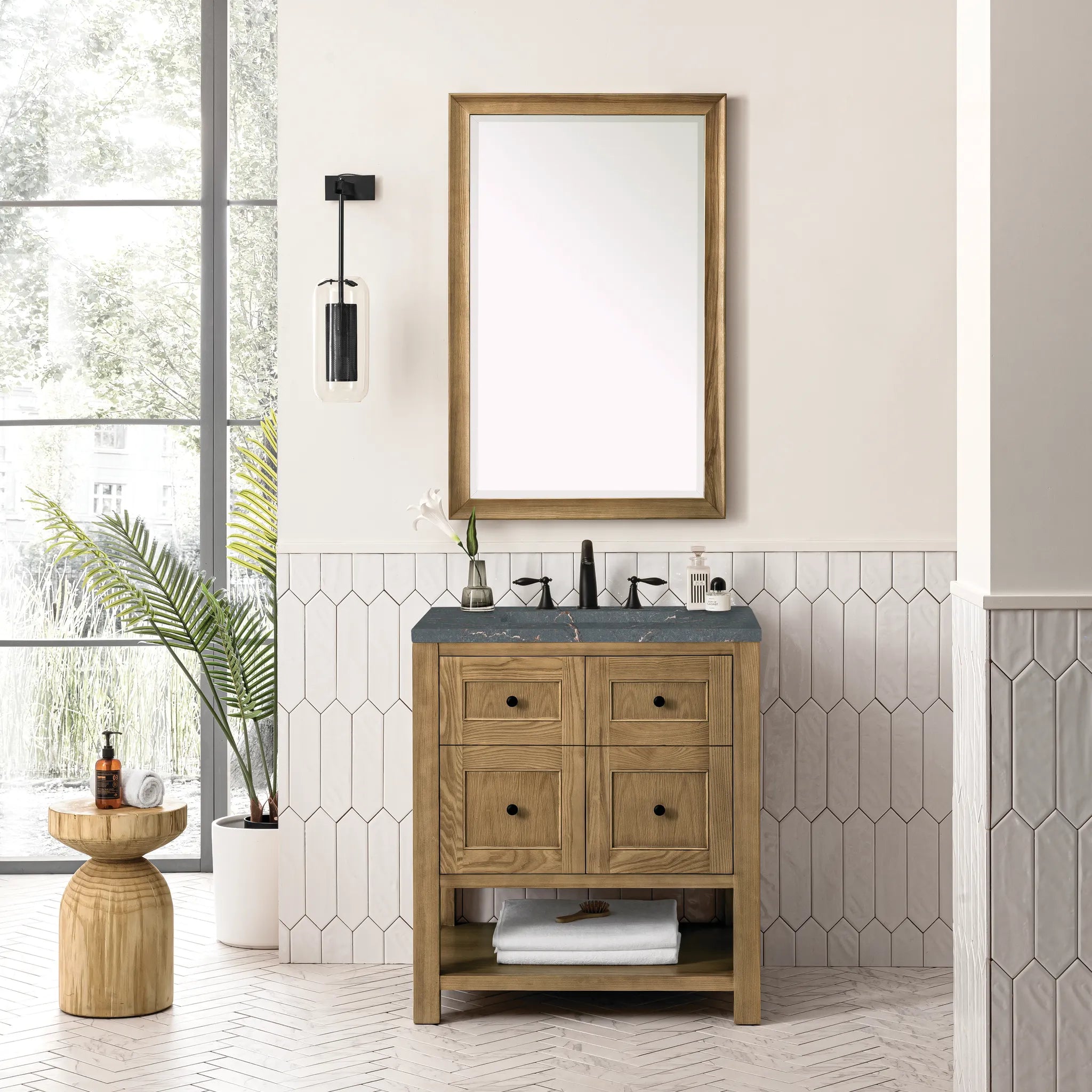30" Breckenridge Single Vanity in Light Natural Oak-Parisien Bleu Silestone-8" Widespread image 1