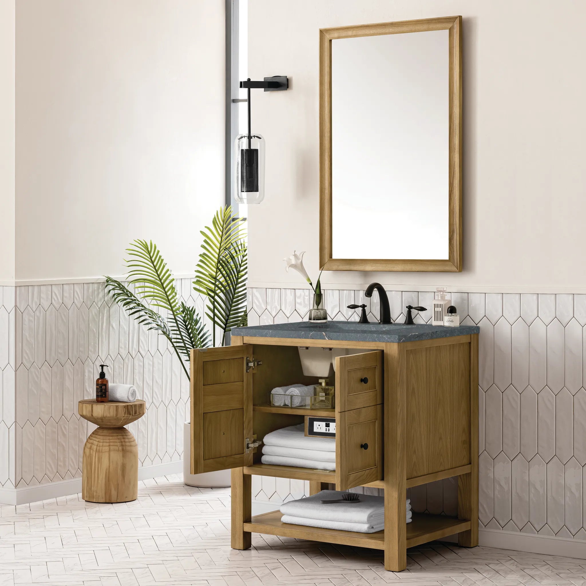 30" Breckenridge Single Vanity in Light Natural Oak-Parisien Bleu Silestone-8" Widespread image 3