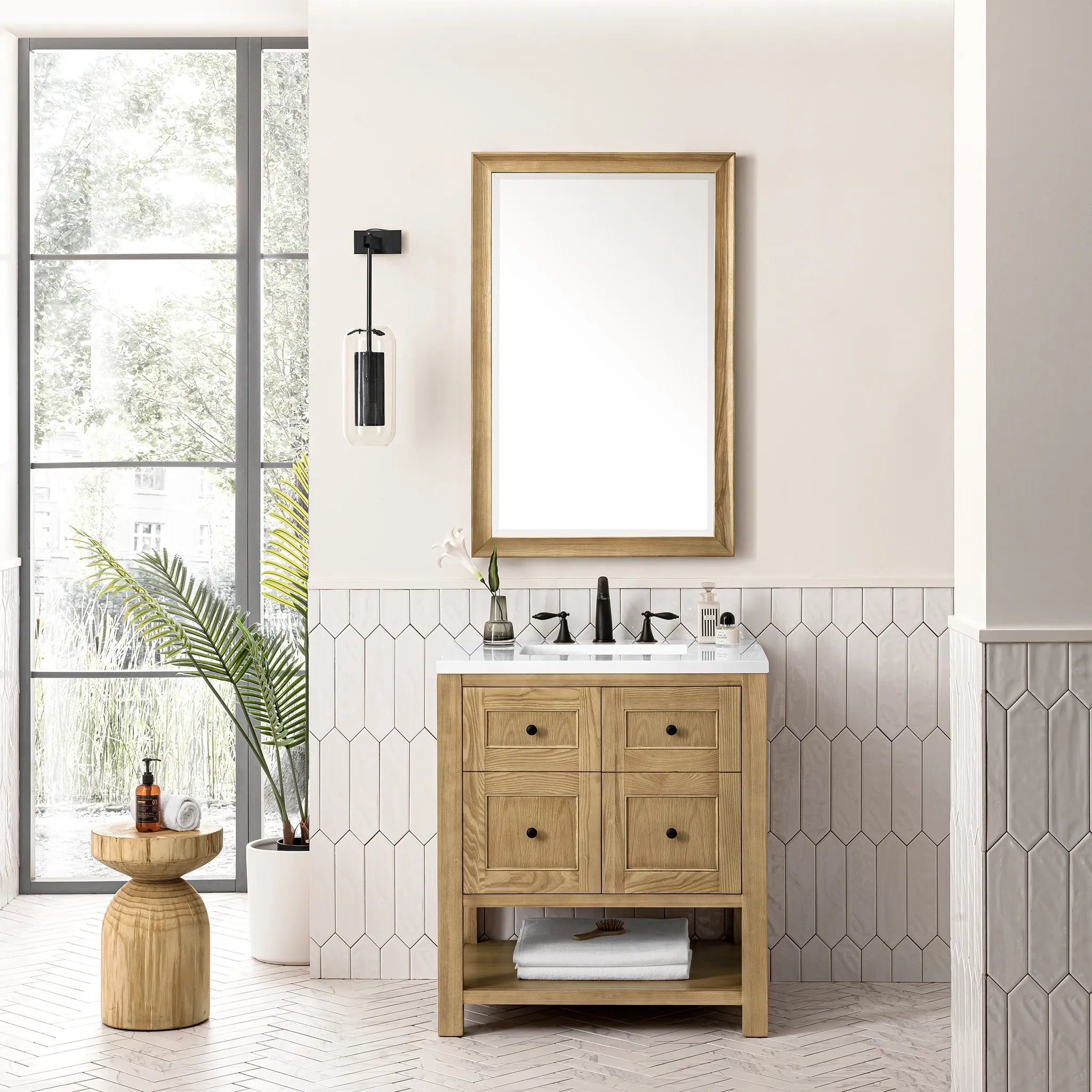 30" Breckenridge Single Vanity in Light Natural Oak-White Zeus Silestone-8" Widespread image 2