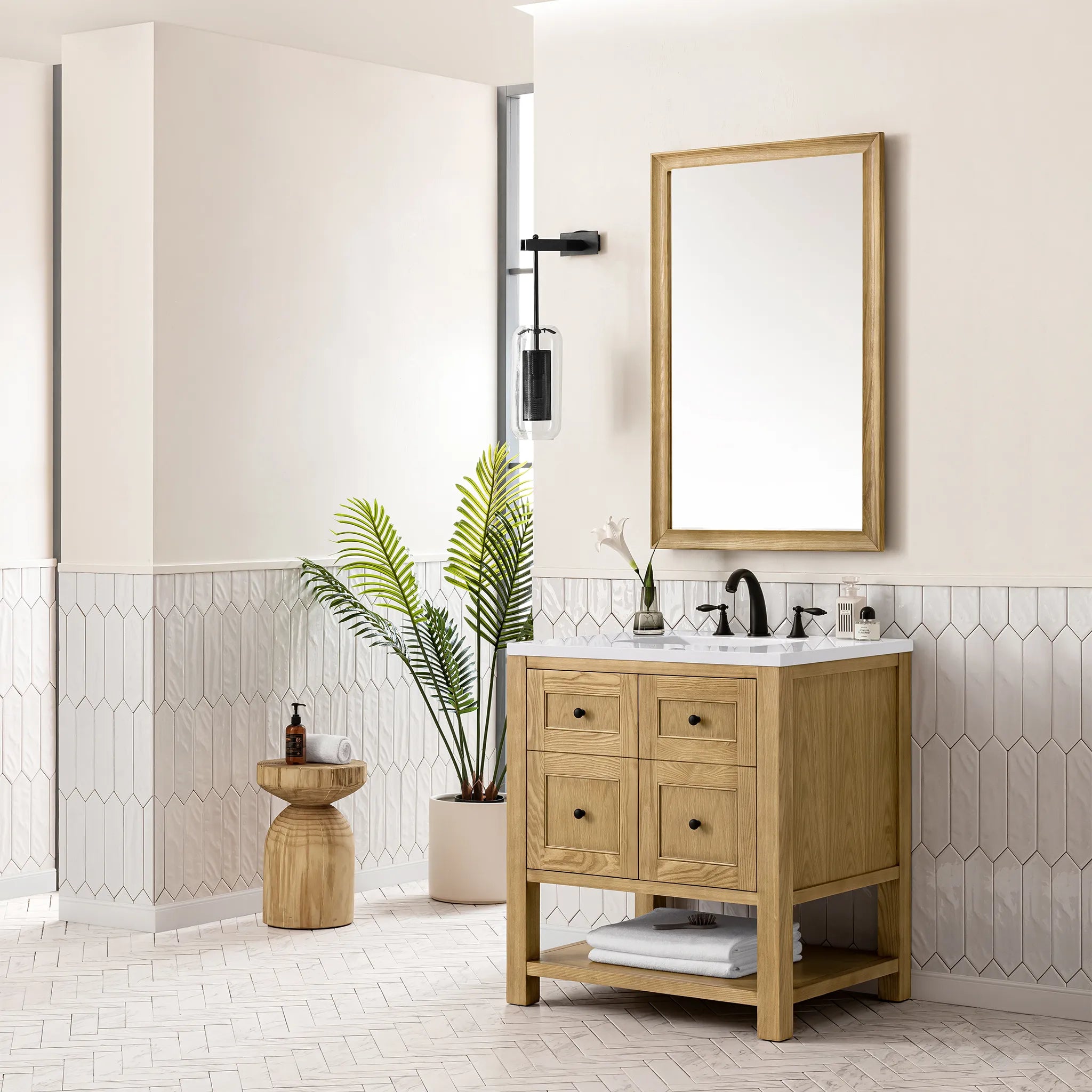 30" Breckenridge Single Vanity in Light Natural Oak-White Zeus Silestone-8" Widespread image 3