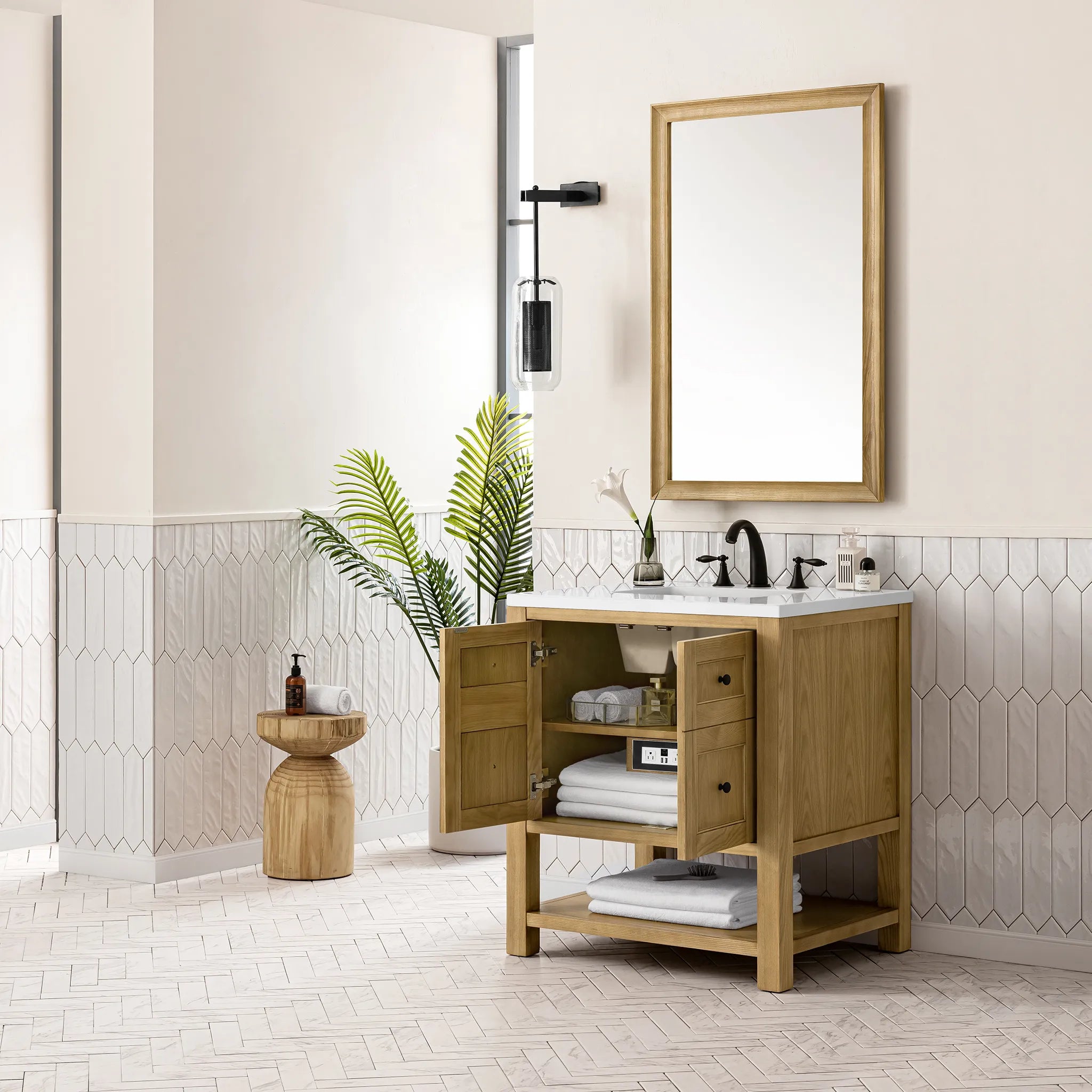 30" Breckenridge Single Vanity in Light Natural Oak-White Zeus Silestone-8" Widespread image 4