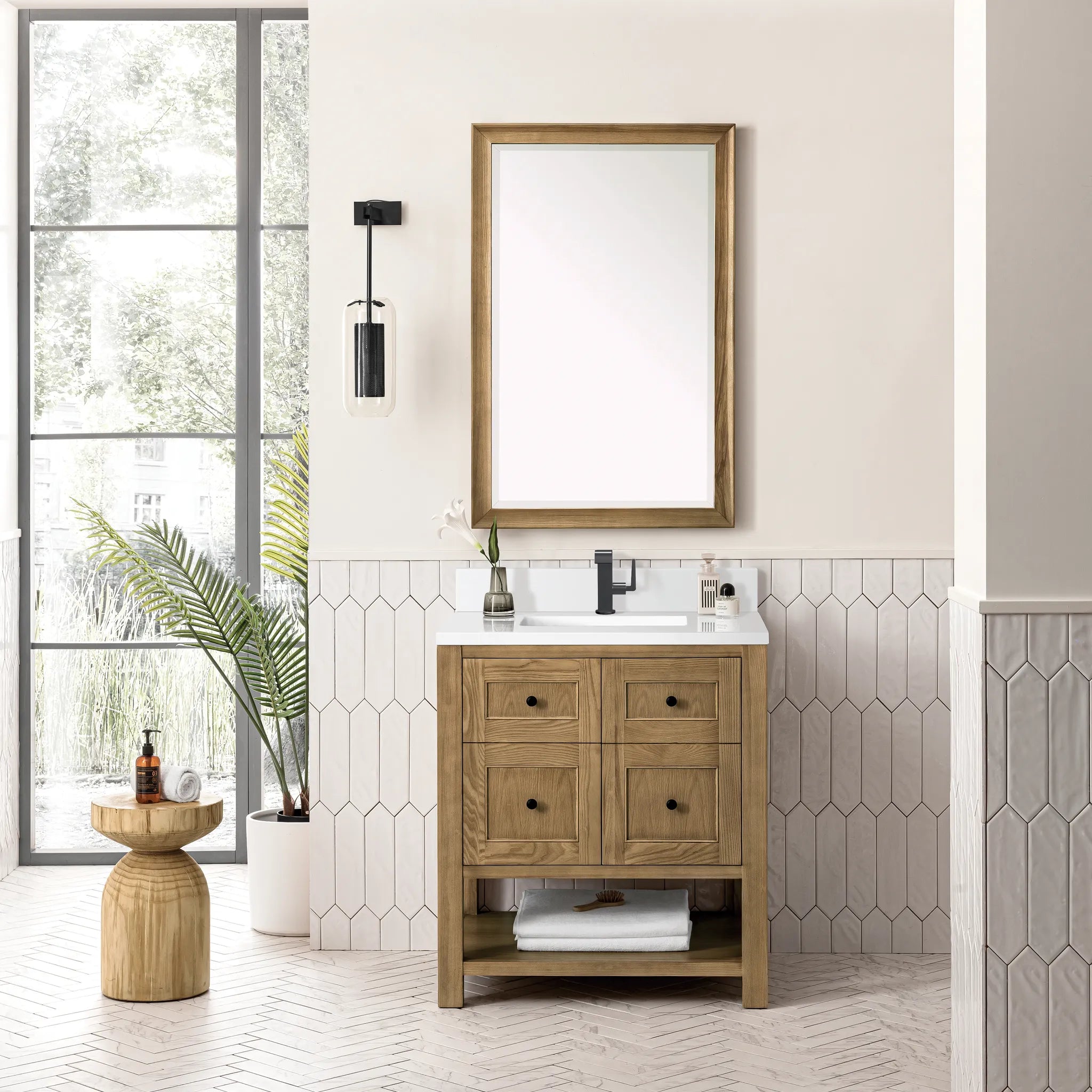 30" Breckenridge Single Vanity in Light Natural Oak-White Zeus Silestone & Backsplash-Single Hole image 1